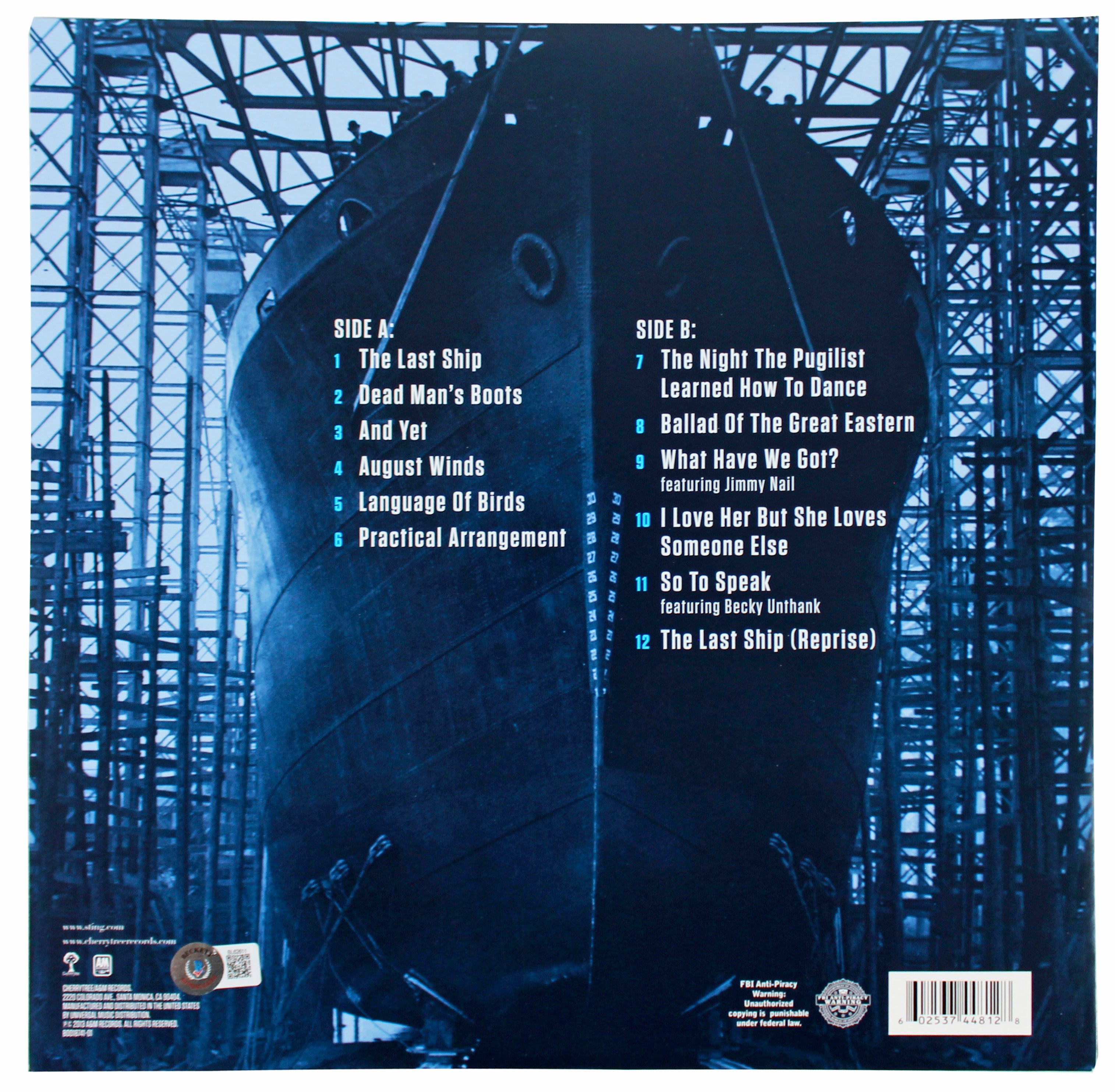 Sting Authentic Signed The Last Ship Album Cover W/ Vinyl BAS #BL62611
