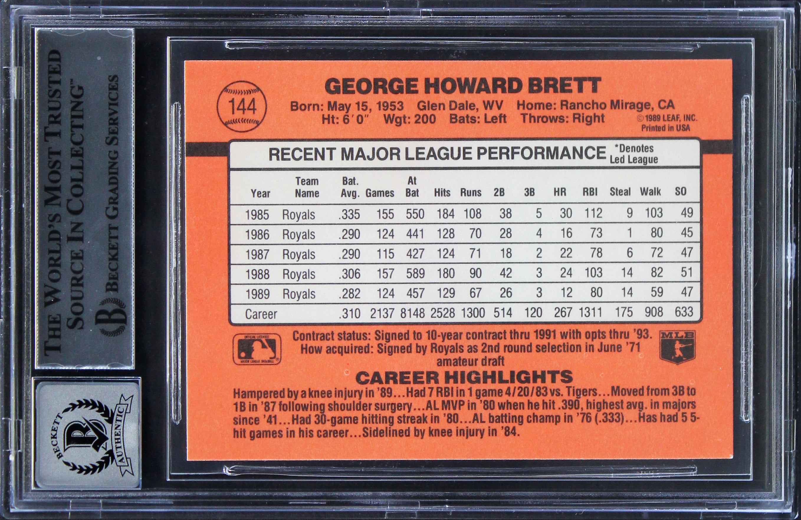Royals George Brett Authentic Signed 1990 Donruss #144 Card Auto 10! BAS Slabbed