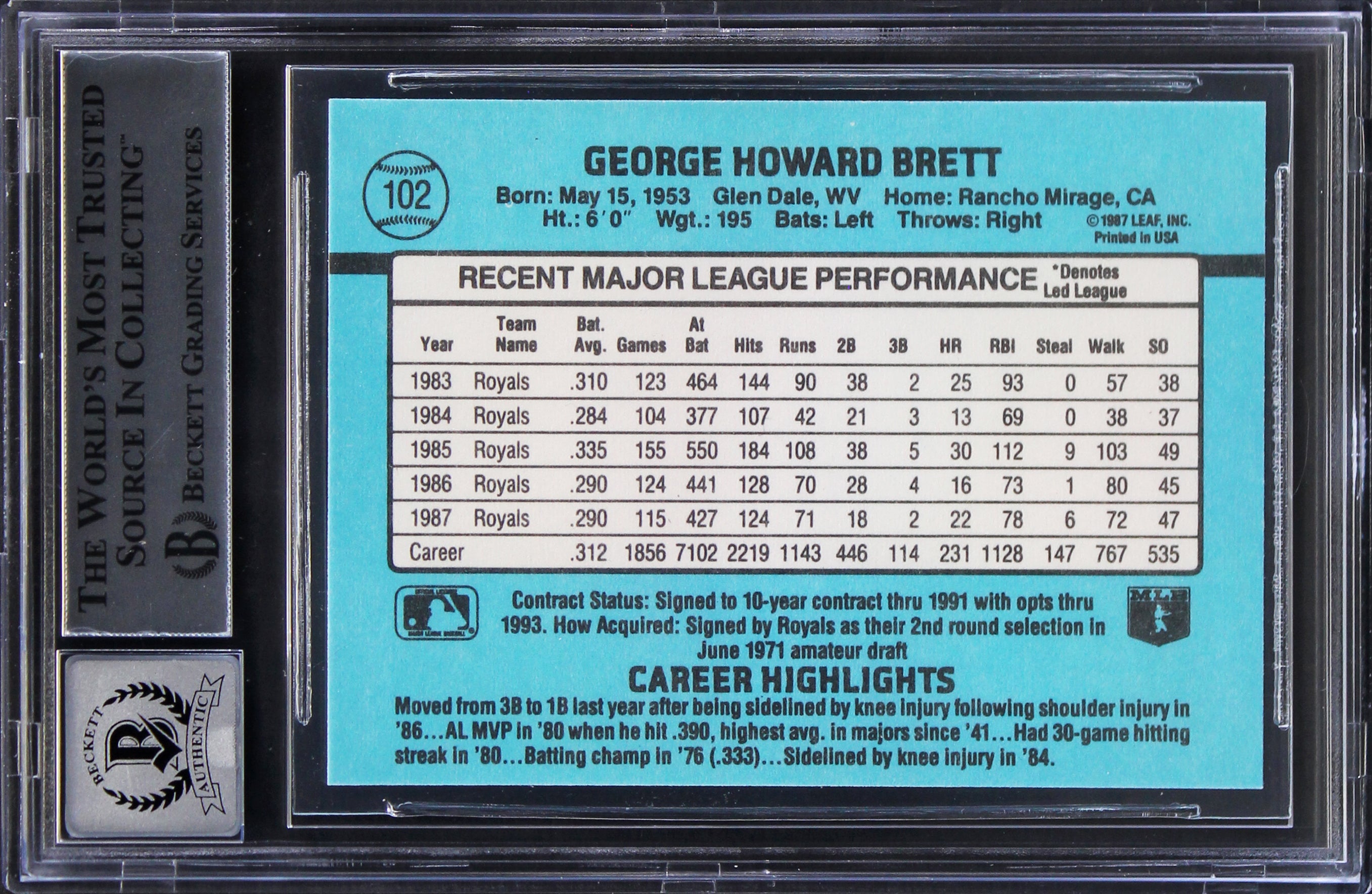 Royals George Brett Authentic Signed 1988 Donruss #102 Card Auto 10! BAS Slabbed