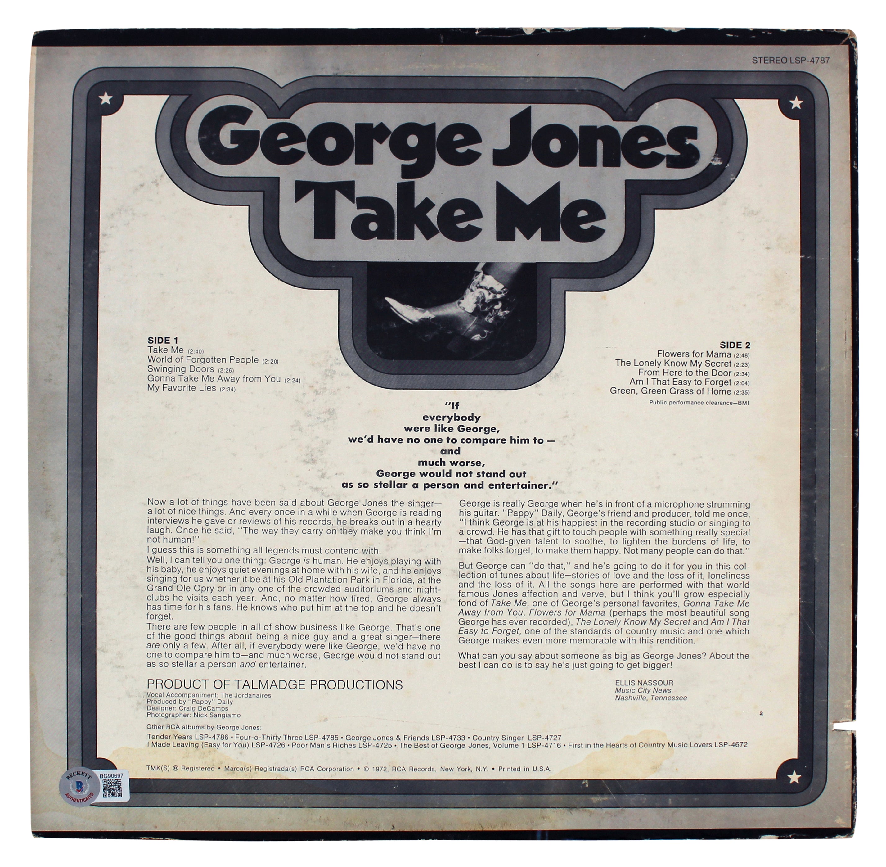 George Jones Authentic Signed Working Class Dog Album Cover BAS #BG90697