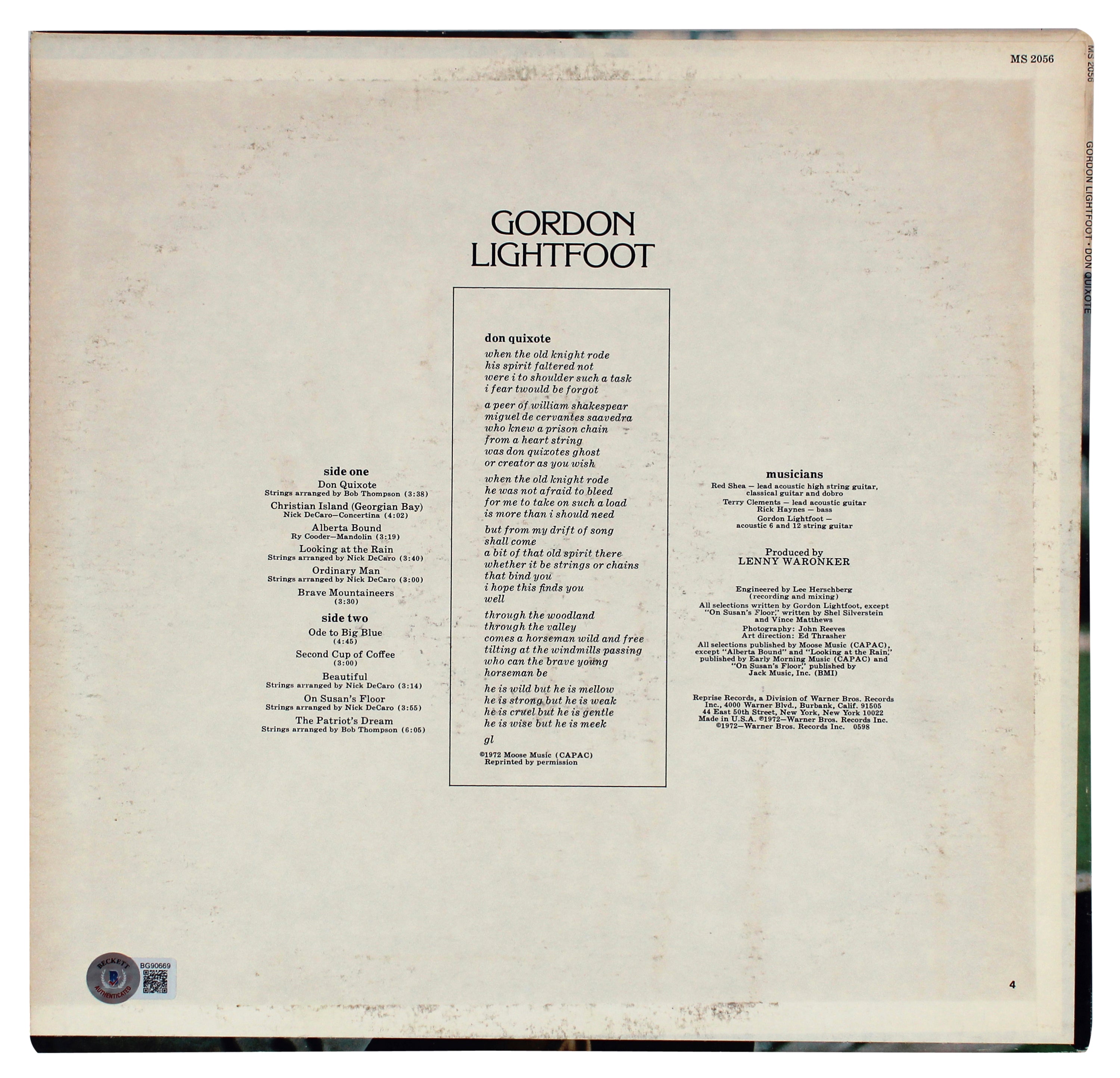 Gordon Lightfoot Authentic Signed Don Quixote Album Cover BAS #BG90669