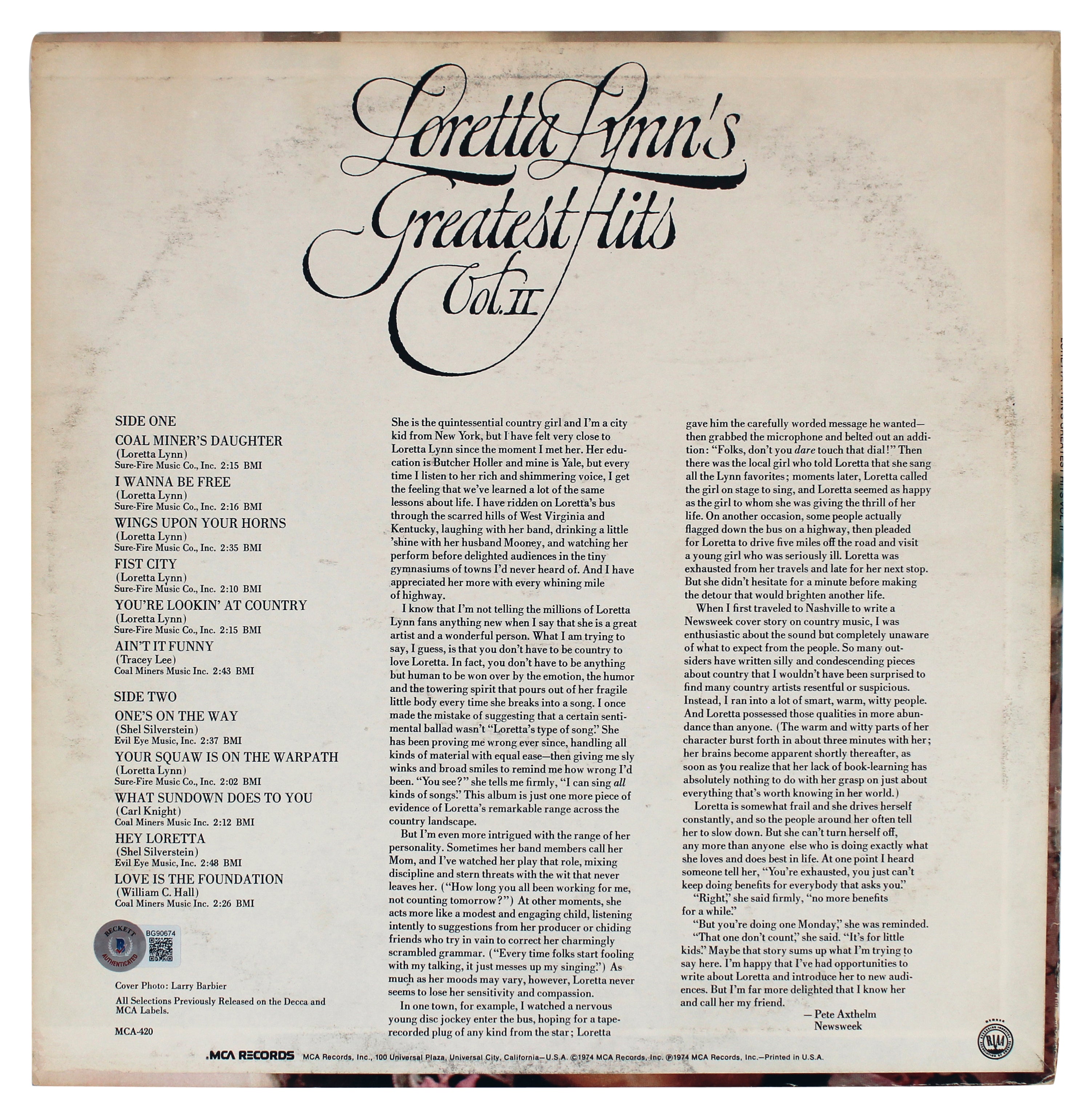 Loretta Lynn Authentic Signed Greatest Hits Volume II Album Cover BAS #BG90674