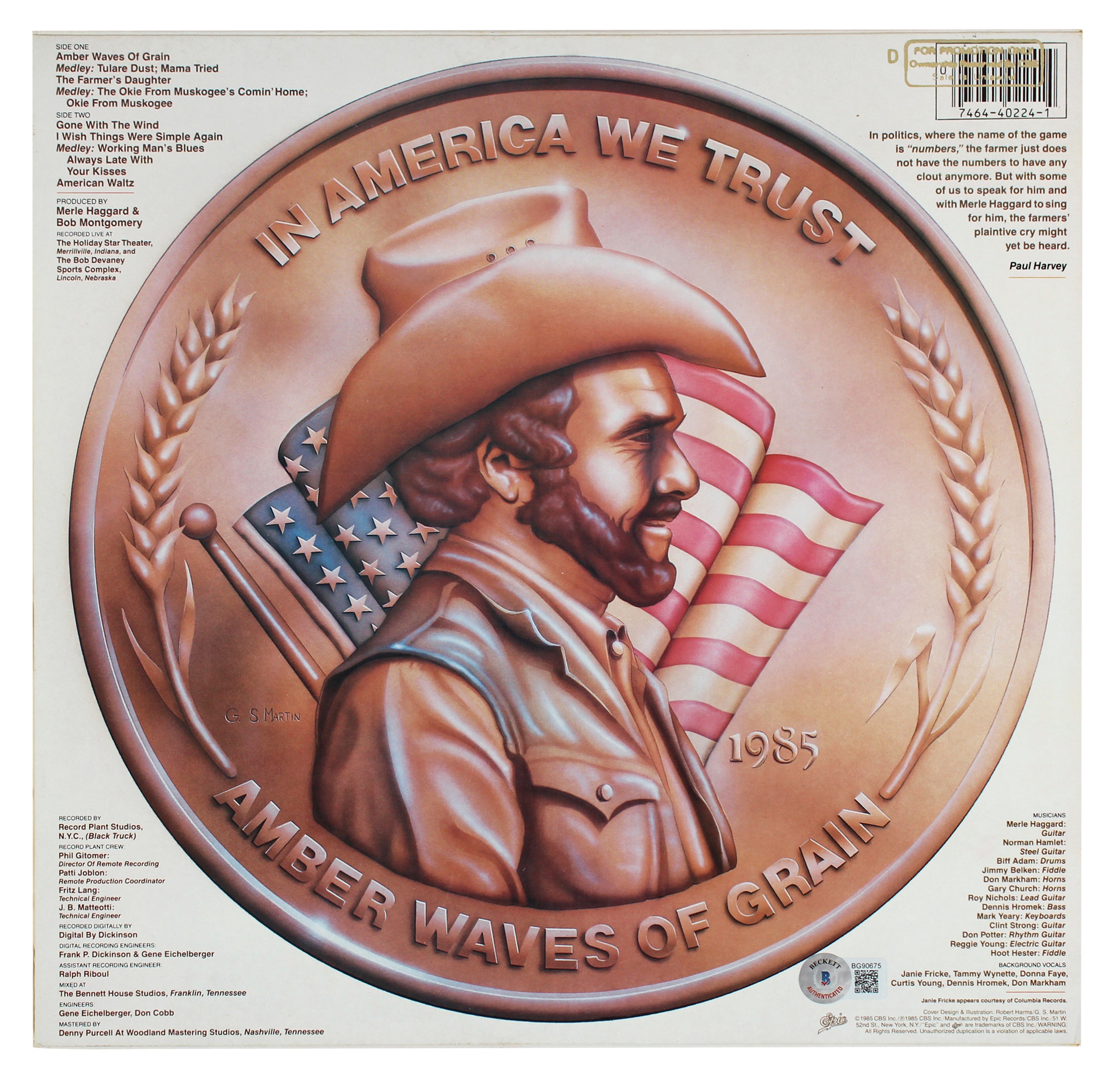 Merle Haggard Authentic Signed Amber Waves Of Grain Album Cover BAS #BG90675