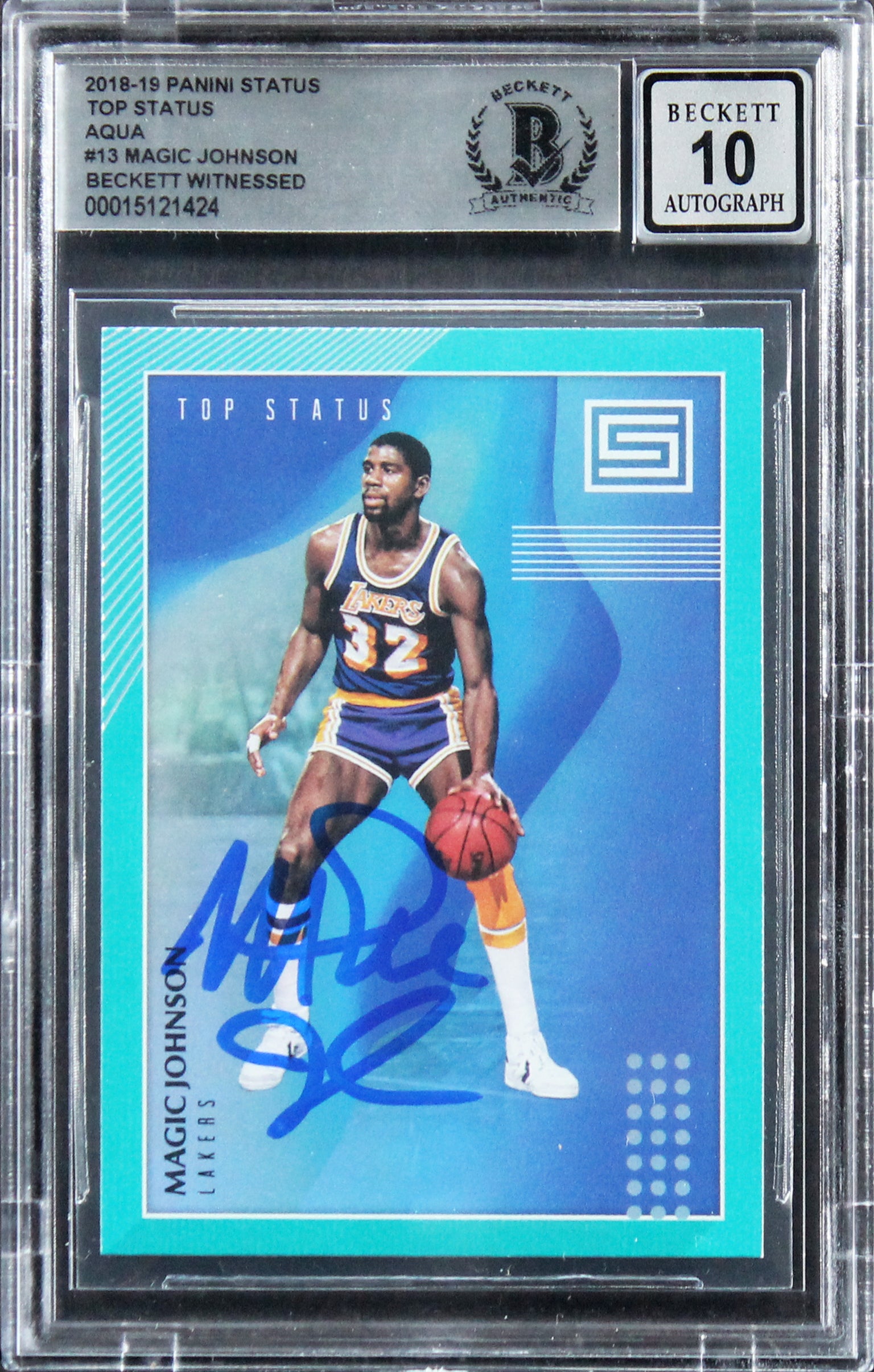 Magic Johnson Signed 2018 Panini Top Status Aqua #13 Card Auto 10! BAS Slabbed