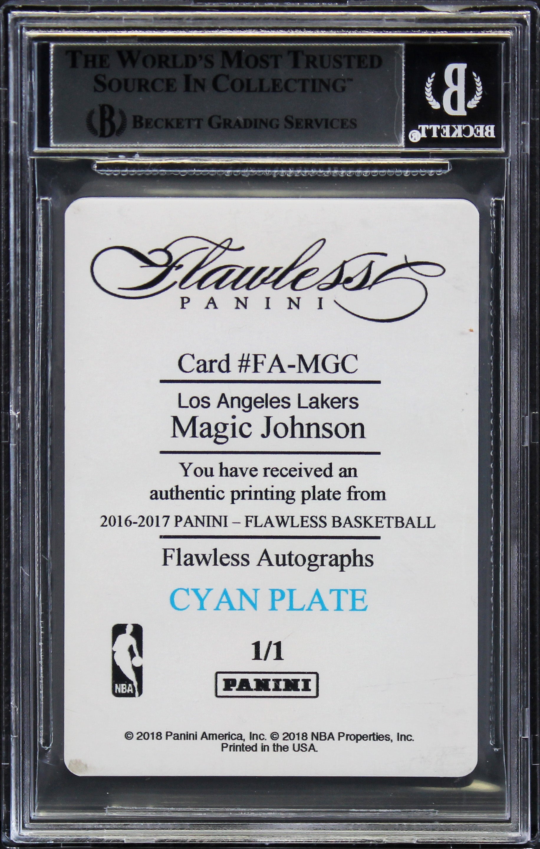 Magic Johnson Signed 2016 Panini Flawless Plates #54 Card Auto 10! BAS Slabbed