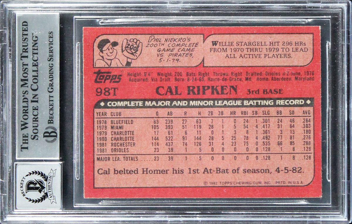 Orioles Cal Ripken Jr. Signed 1982 Topps Traded #98T RC Card Auto 10! BAS Slab