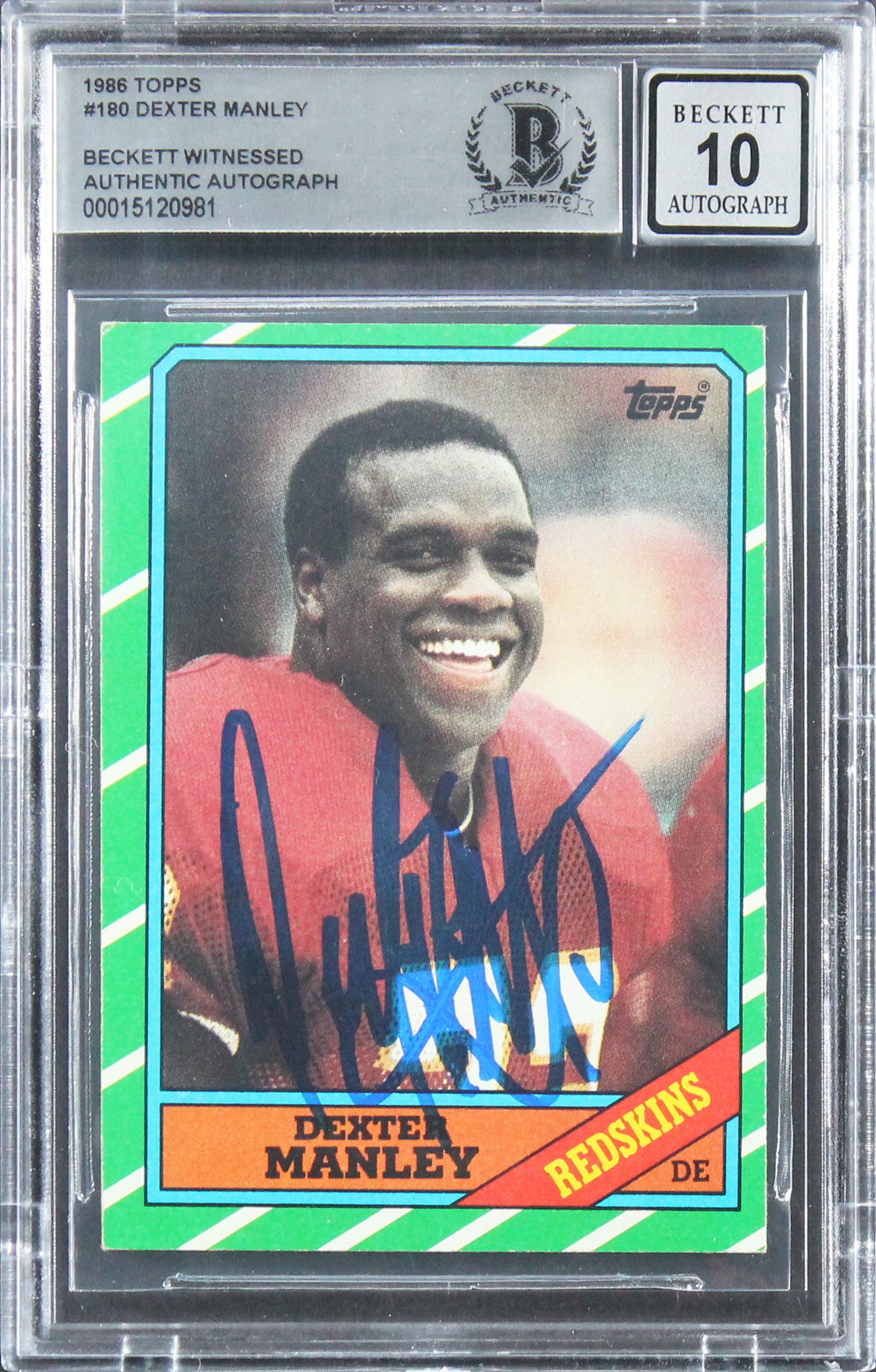 Redskins Dexter Manley Authentic Signed 1986 Topps #180 Card Auto 10 BAS Slabbed