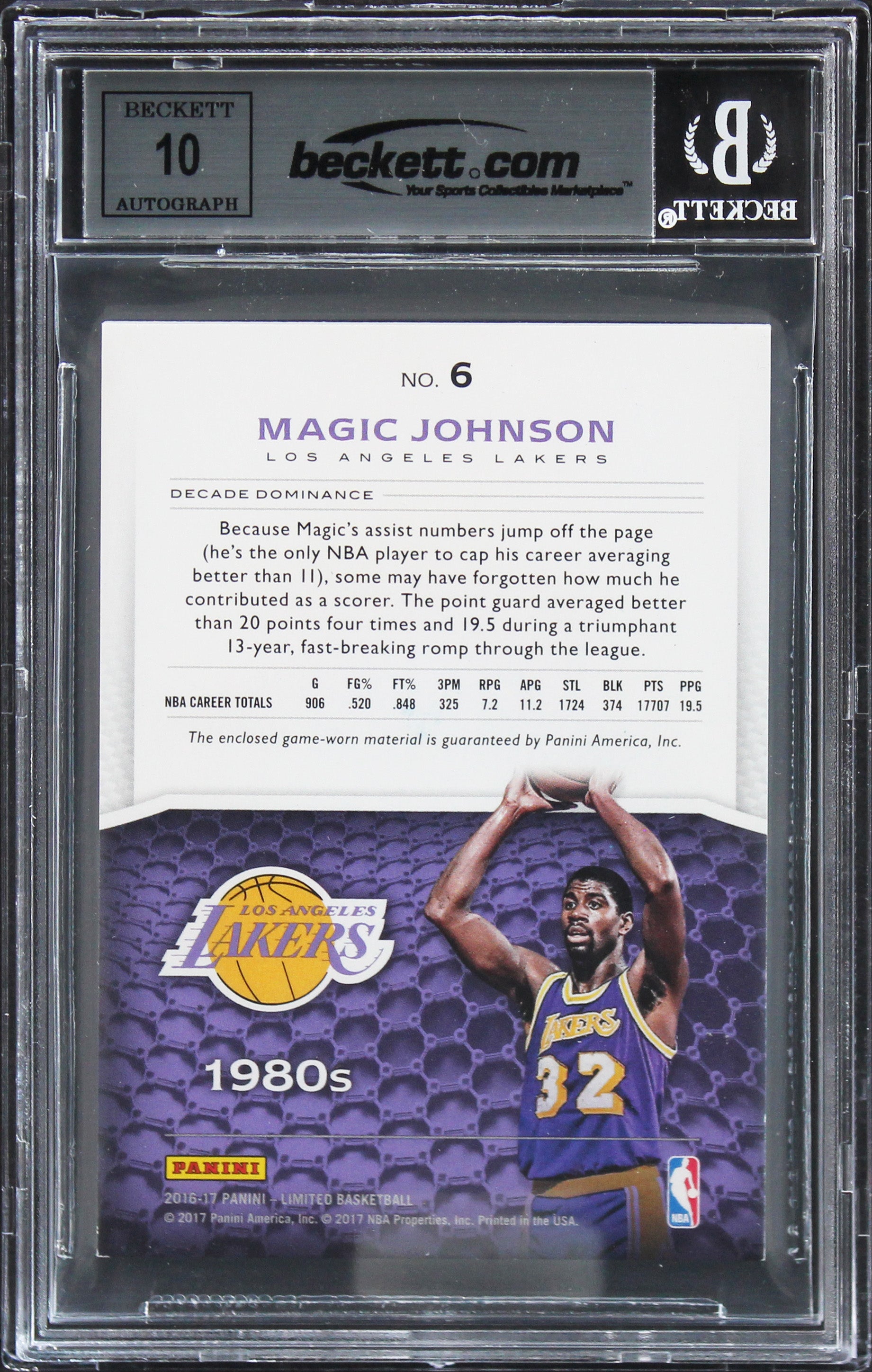 Magic Johnson Signed 2016 Limited Decade Dom #6 #1/10 Card Auto 10! BAS Slabbed