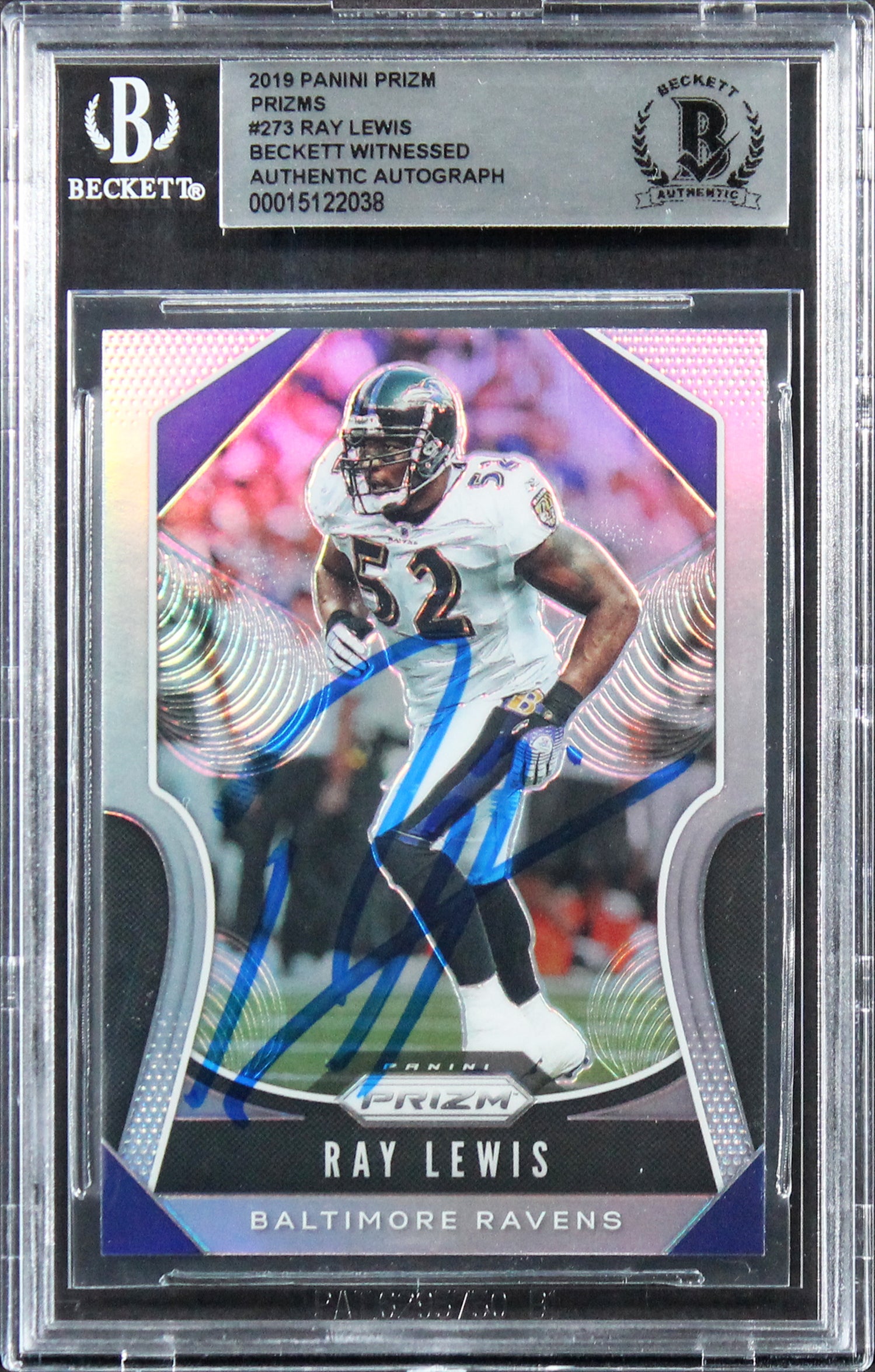 Ravens Ray Lewis Authentic Signed 2019 Panini Prizms #273 Card BAS Slabbed