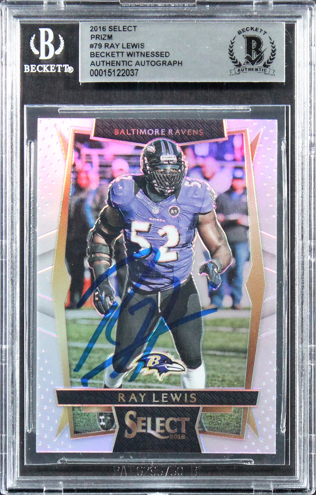 Ravens Ray Lewis Authentic Signed 2016 Select Prizm #79 Card BAS Slabbed