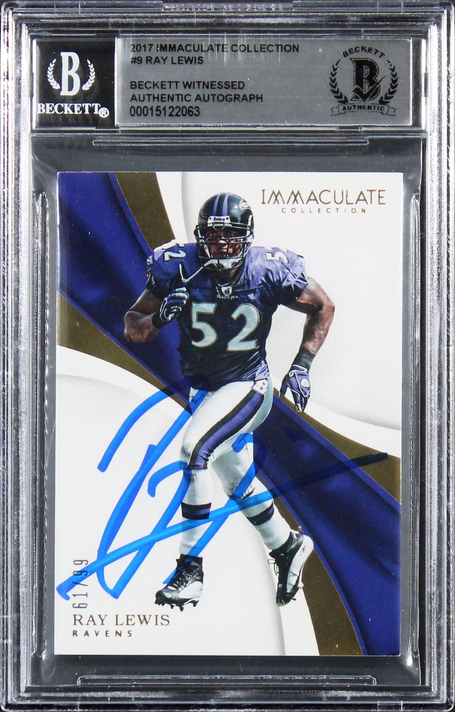 Ray Lewis Authentic Signed 2017 Immaculate Collection #9 61/99 Card BAS Slabbed