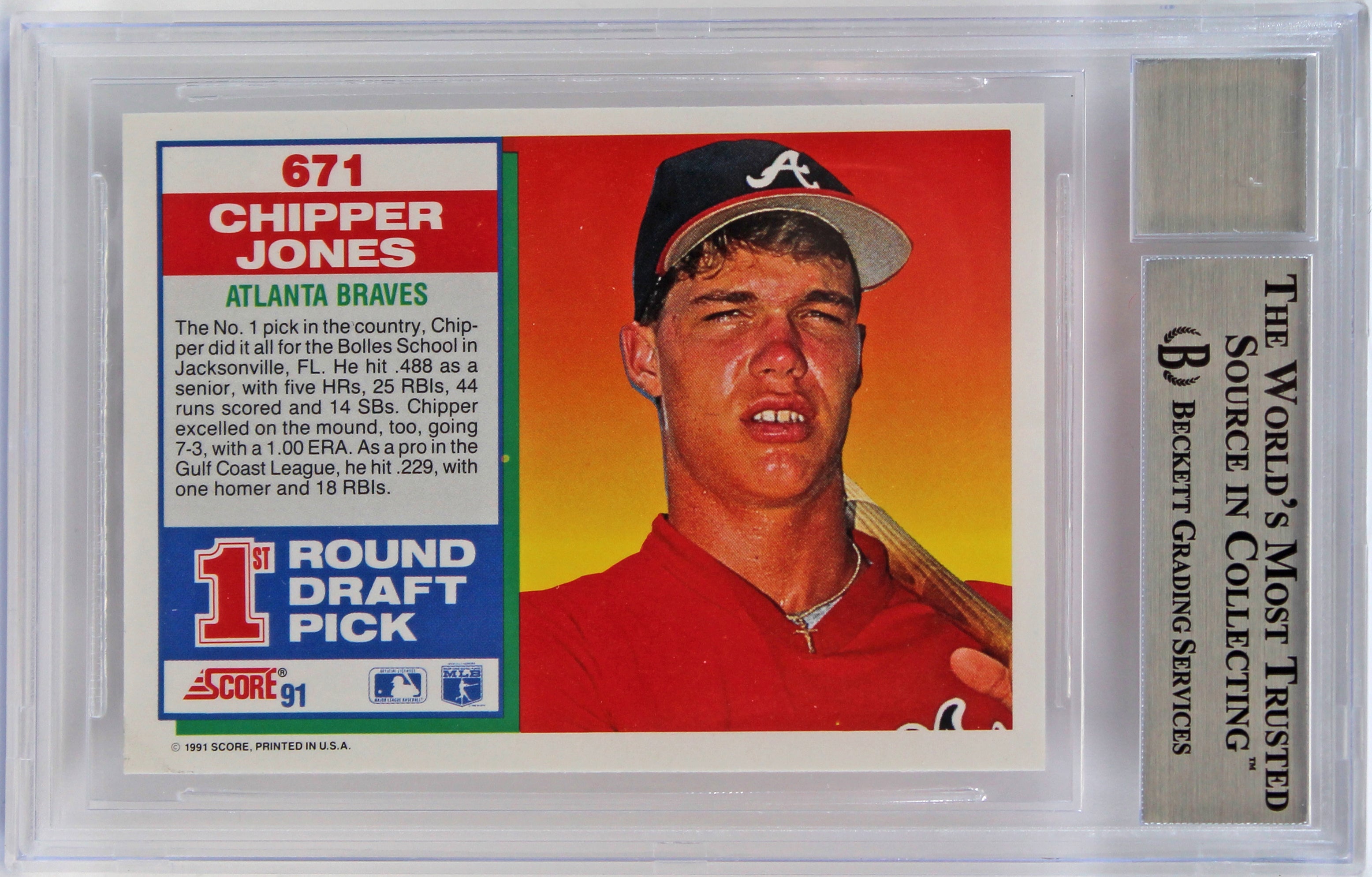 Braves Chipper Jones Signed 1991 Score #671 Card Auto Graded Gem 10! BAS Slabbed