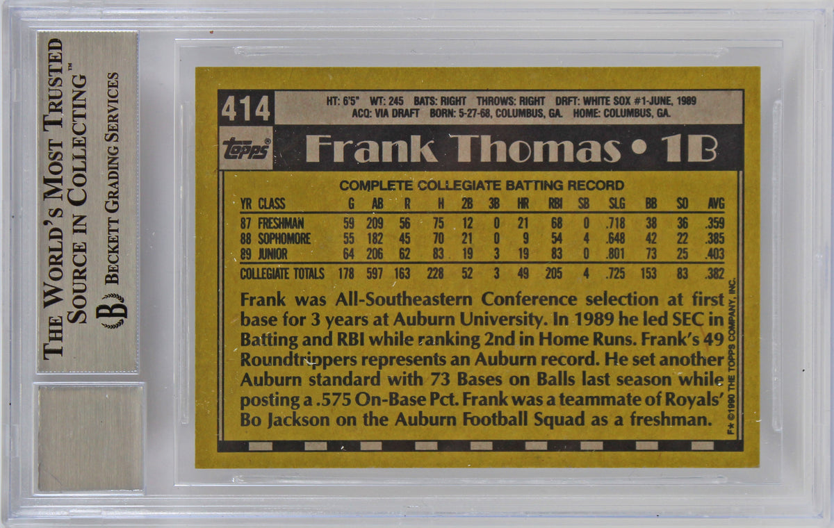 White Sox Frank Thomas Signed 1990 Topps #414B RC Card Auto Graded 10! BAS Slab