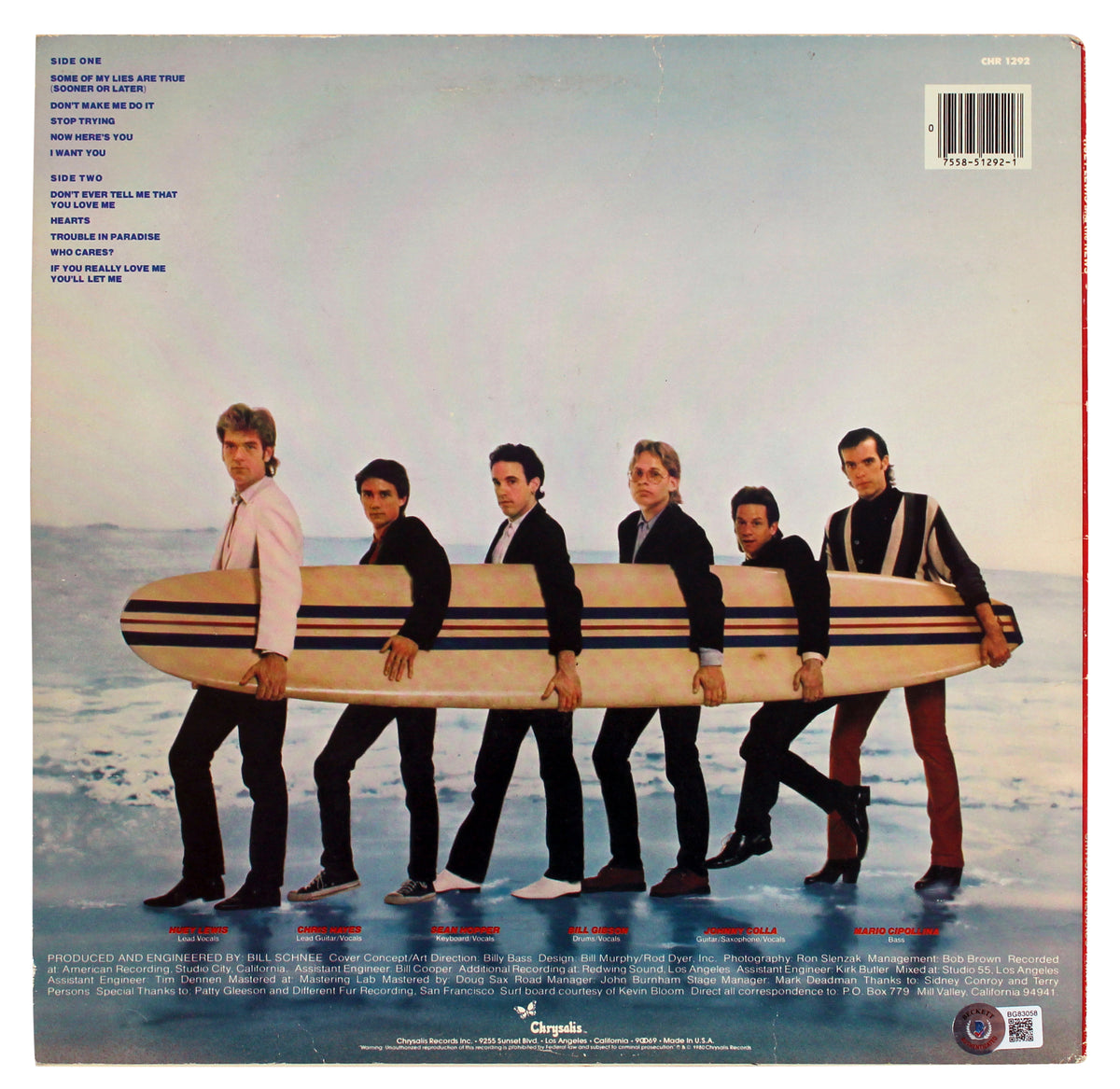 Huey Lewis Authentic Signed Huey Lewis And The News Album Cover BAS #BG83058