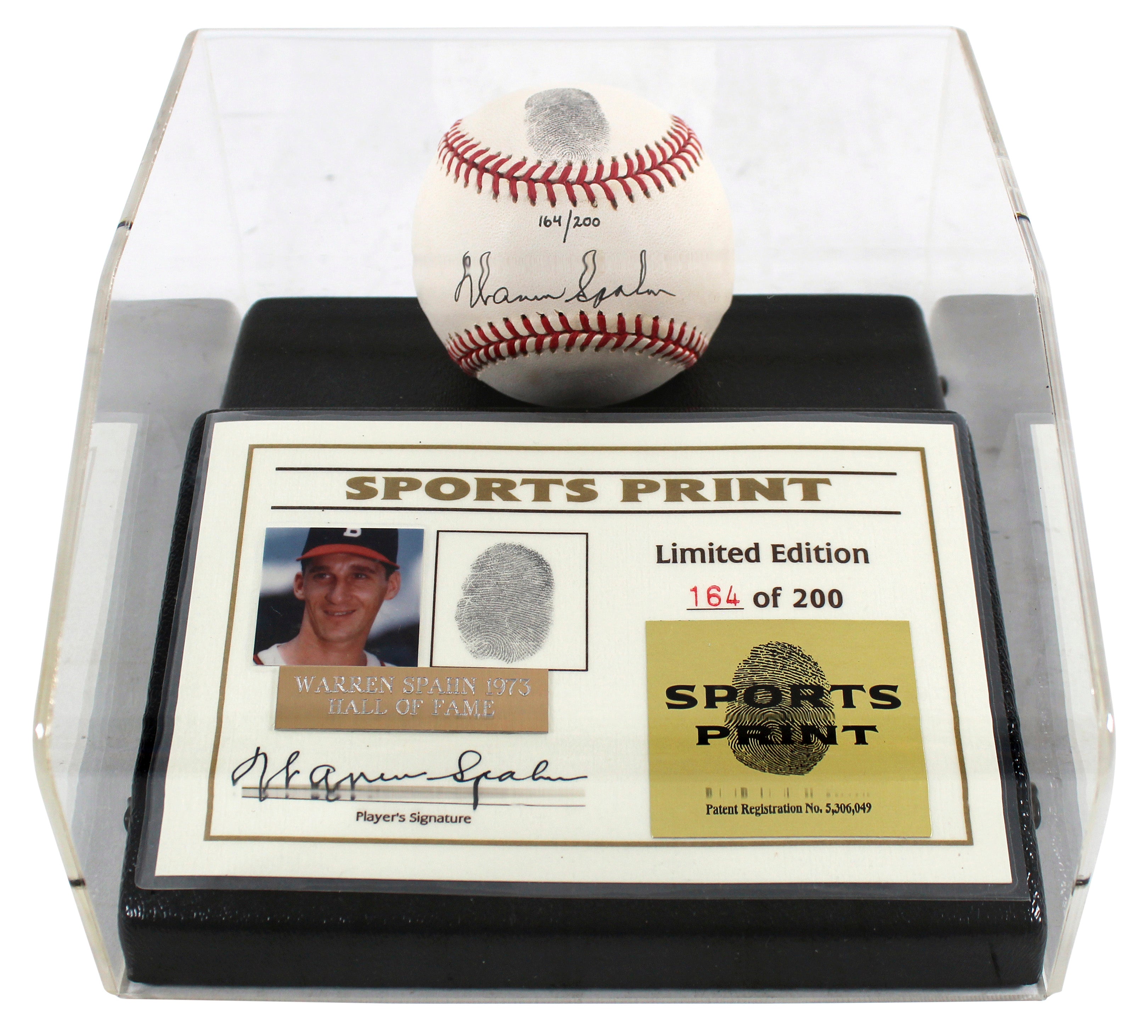 Braves Warren Spahn Signed Thumbprint Baseball LE #'d/200 w/ Display Case BAS HOLIDAY DOORBUSTER