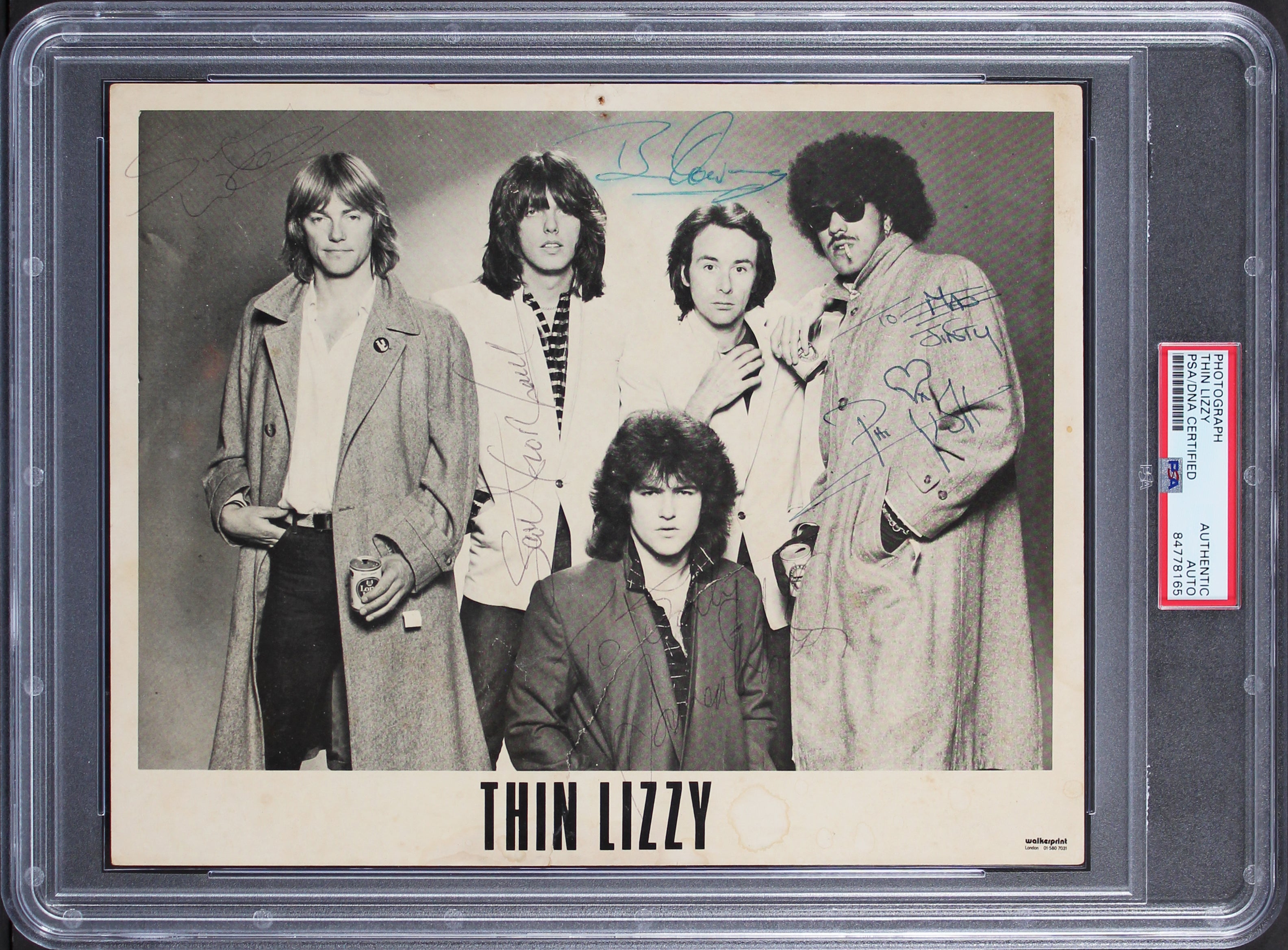 Thin Lizzy (5) Lynott, Warton, Gorham, White & Downey Signed 8x10 Photo PSA Slab