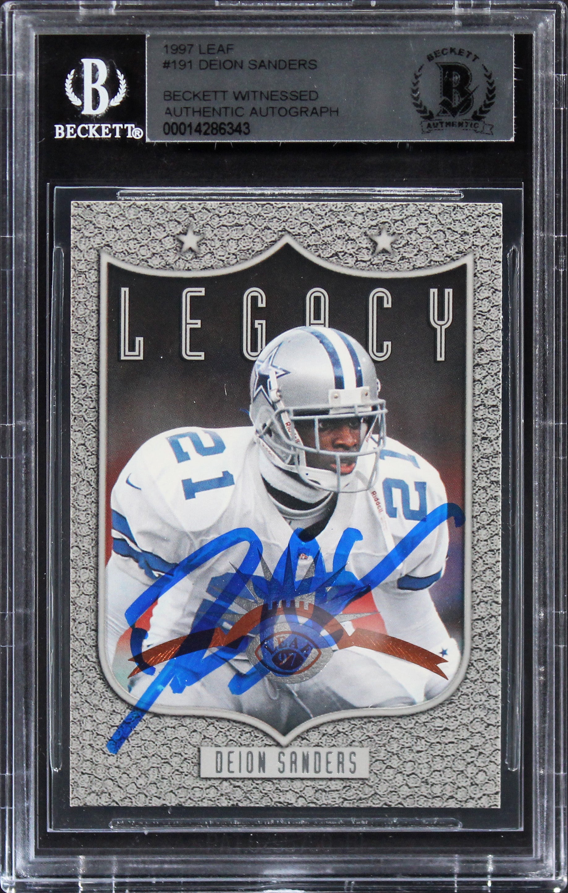 Cowboys Deion Sanders Authentic Signed 1997 Leaf #191 Card BAS Slabbed