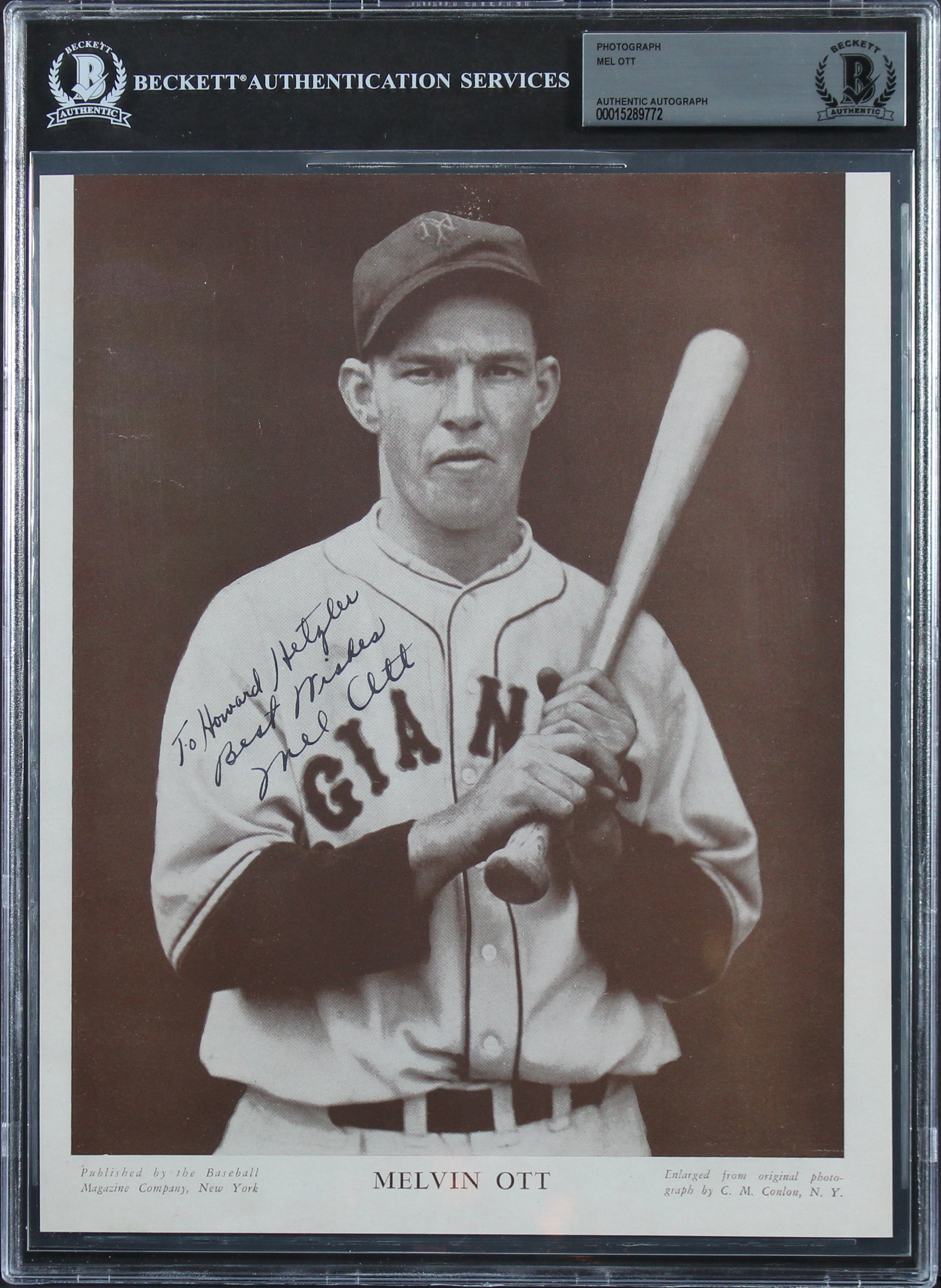 Mel Ott "To Howard Hetzler Best Wishes" Authentic Signed 8x10 Photo BAS Slabbed