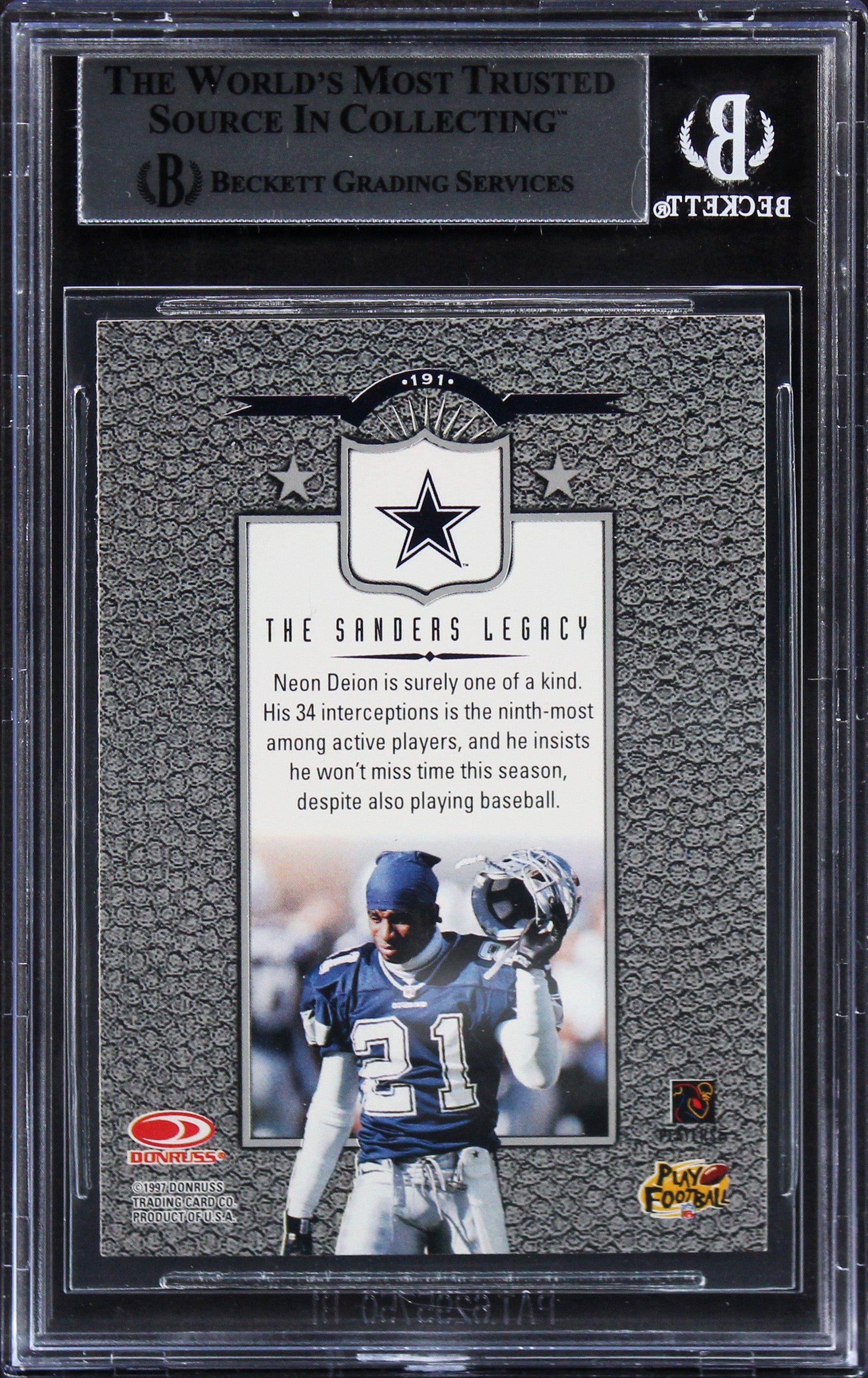 Cowboys Deion Sanders Authentic Signed 1997 Leaf #191 Card BAS Slabbed
