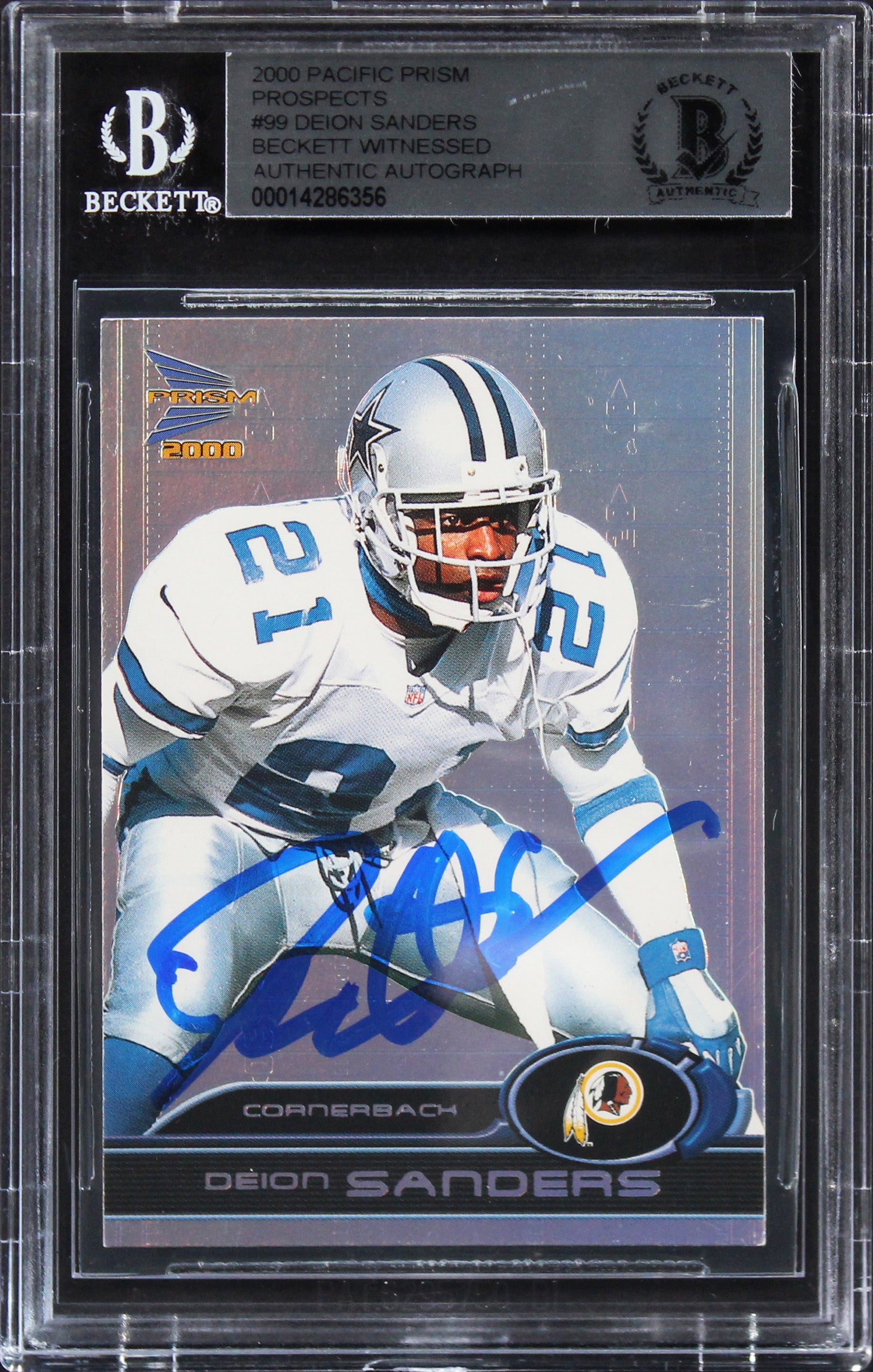 Cowboys Deion Sanders Signed 2000 Pacific Prism Prospects #99 Card BAS Slabbed