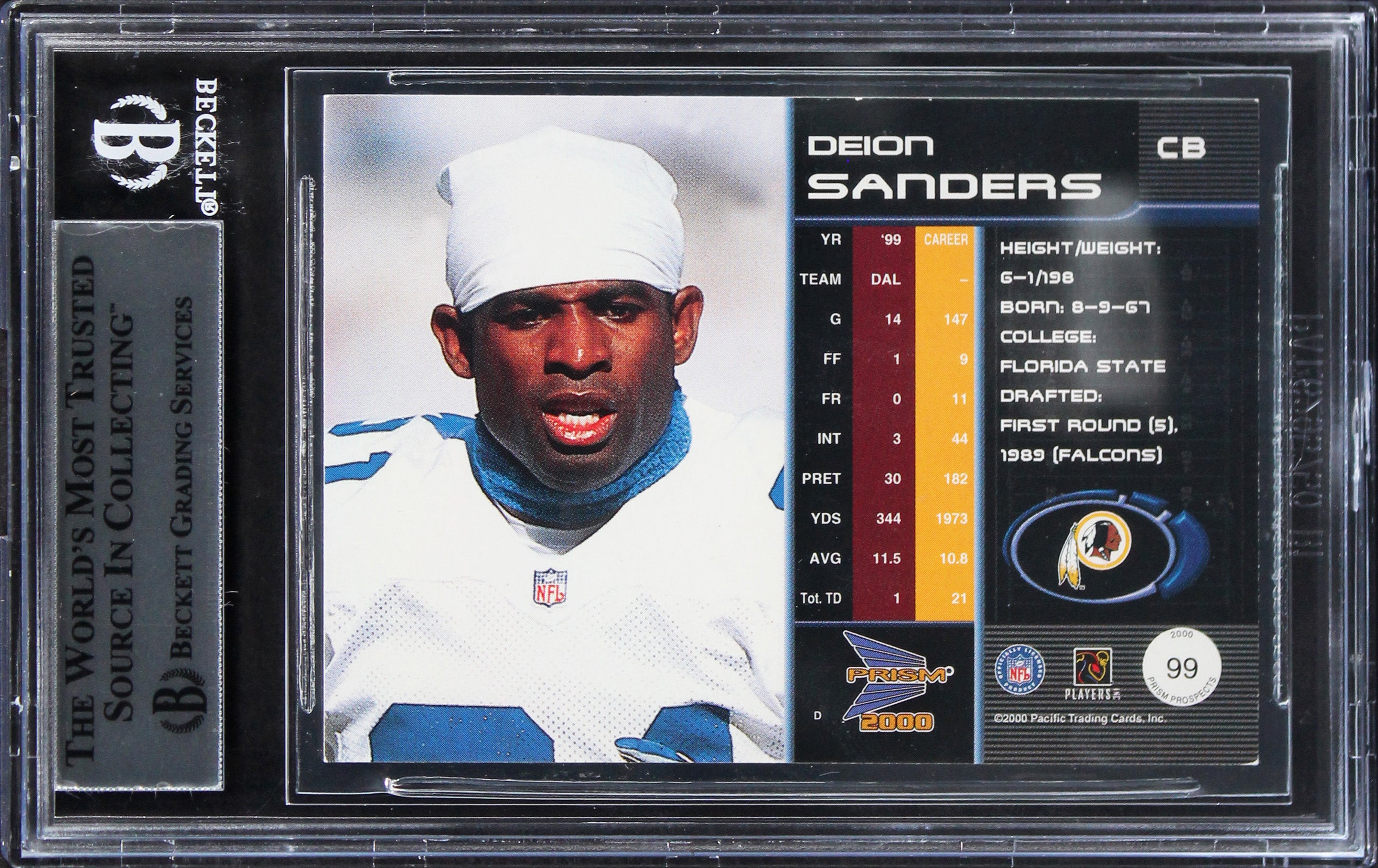 Cowboys Deion Sanders Signed 2000 Pacific Prism Prospects #99 Card BAS Slabbed
