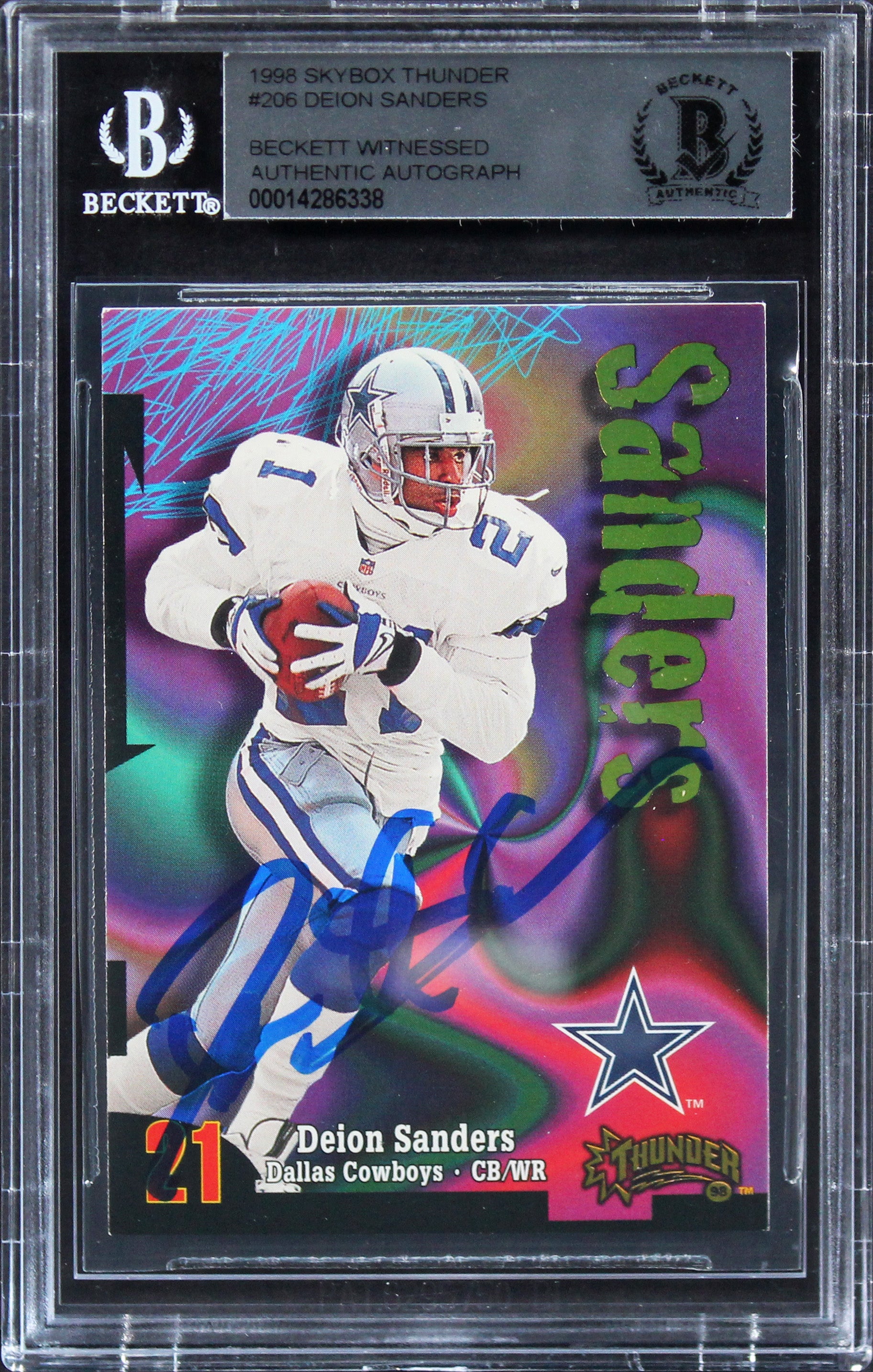 Cowboys Deion Sanders Authentic Signed 1998 Skybox Thunder #206 Card BAS Slabbed