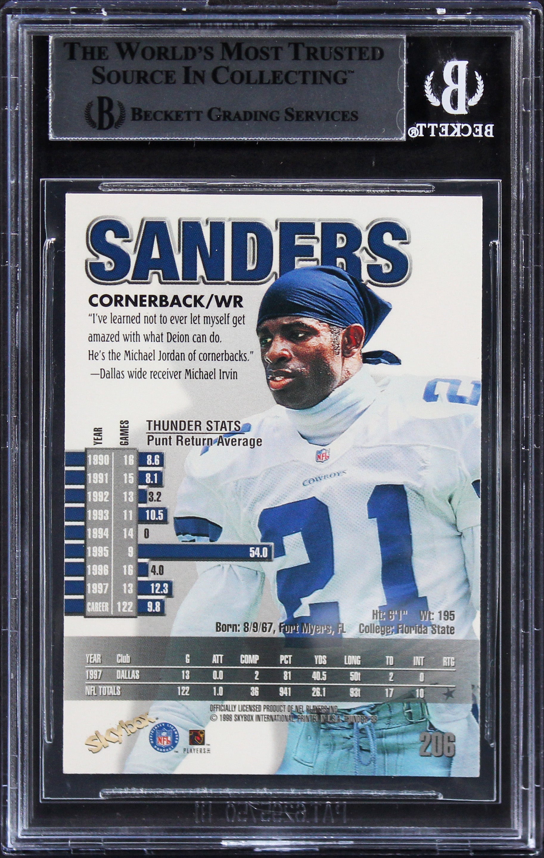 Cowboys Deion Sanders Authentic Signed 1998 Skybox Thunder #206 Card BAS Slabbed