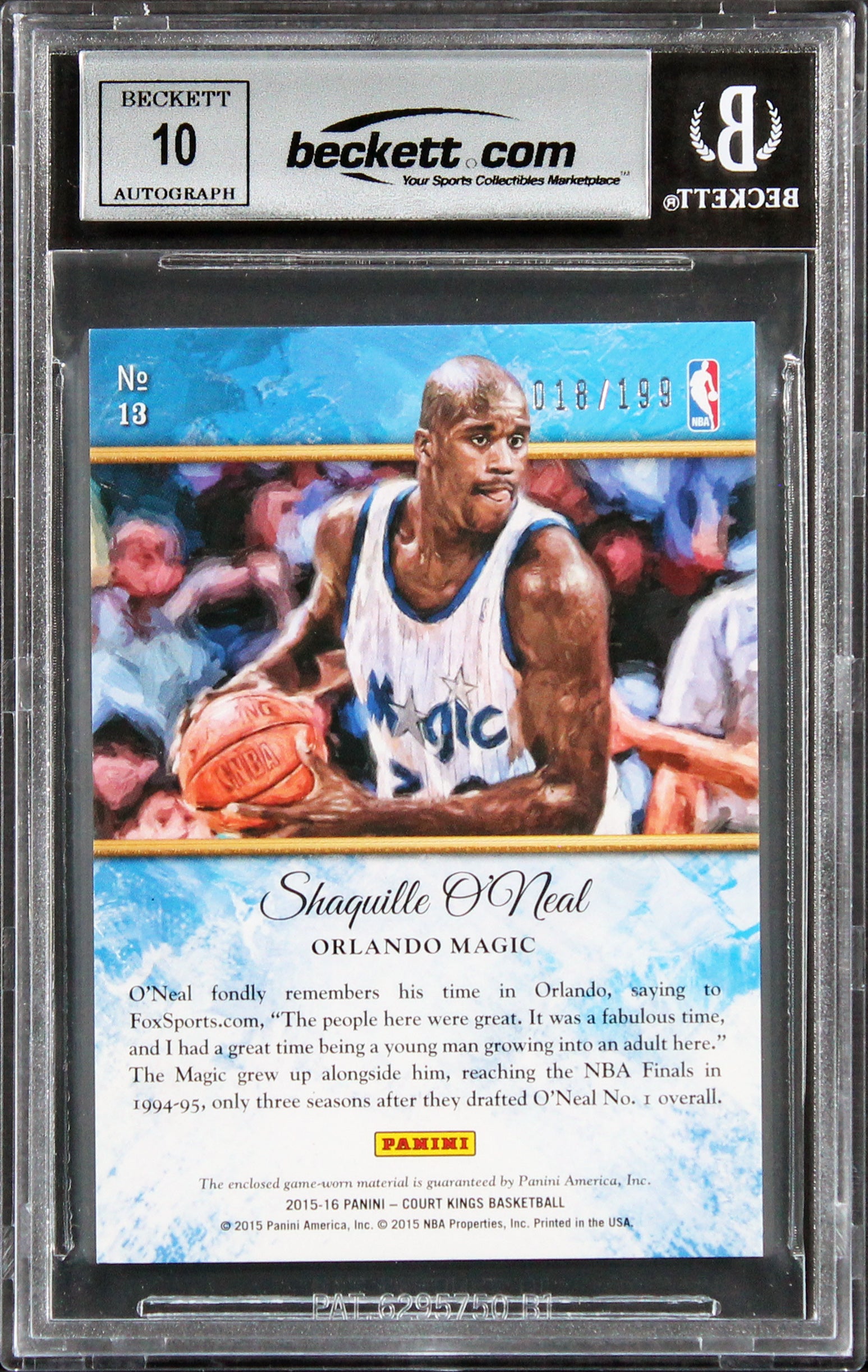 Shaquille O'Neal Signed 2015 CK Vintage Mat #13 18/199 Card Auto 10! BAS Slabbed