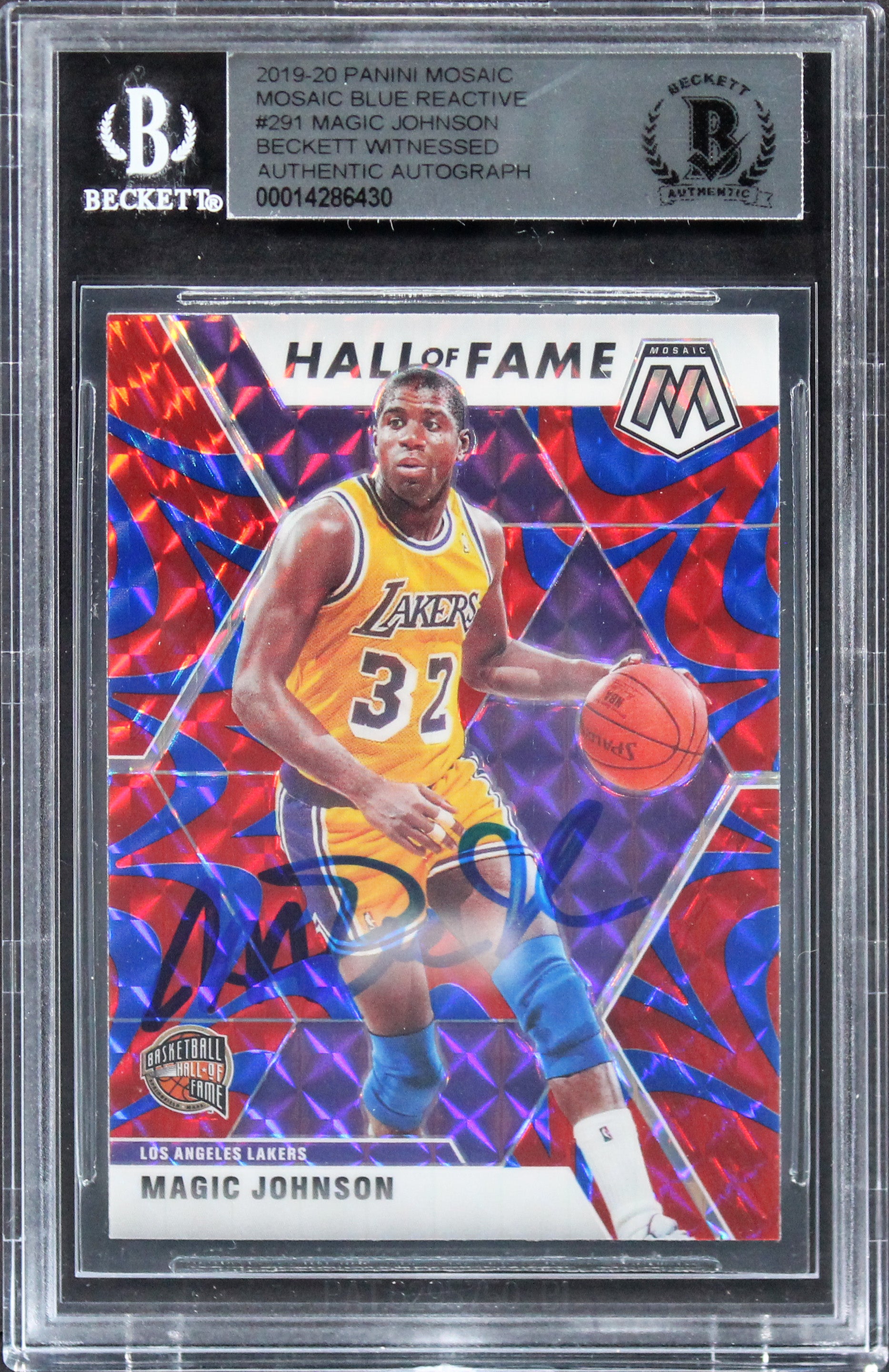 Lakers Magic Johnson Signed 2019 Panini Mosaic Blue Reactive #291 Card BAS Slab