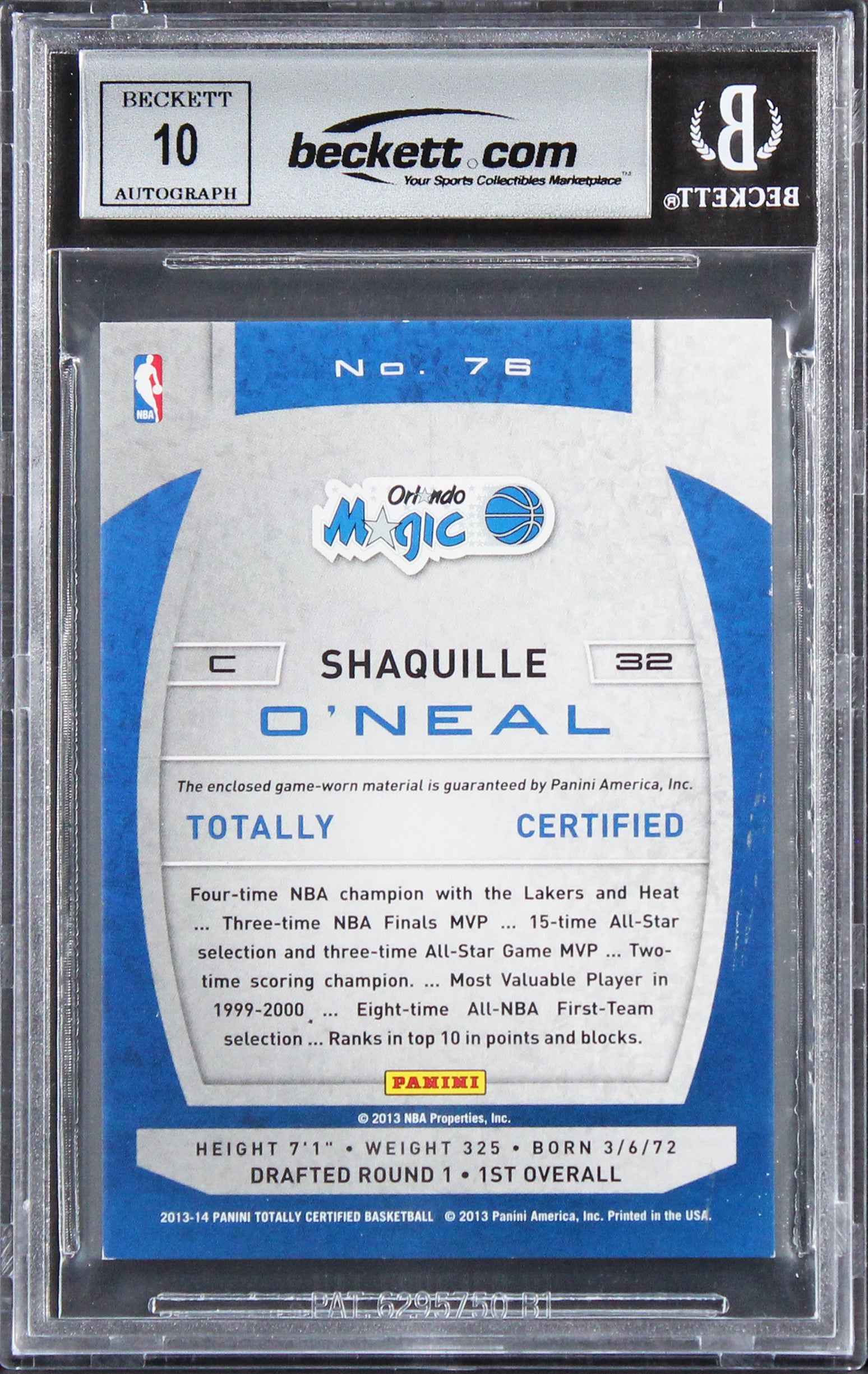 Shaquille O'Neal Signed 2013 Totally Certified Mat #76 Card Auto 10! BAS Slabbed