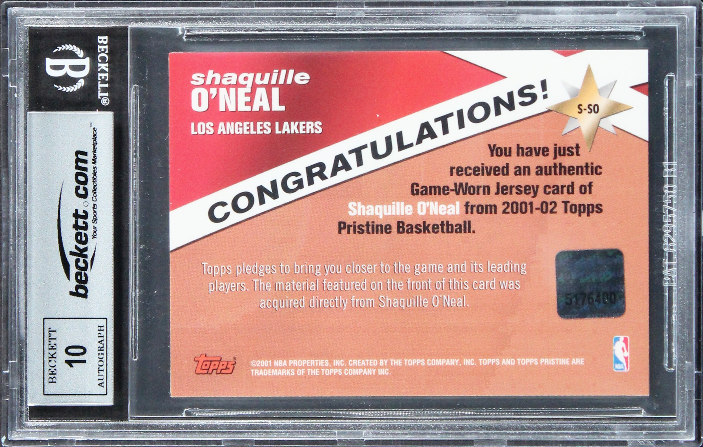Shaquille O'Neal Signed 2001 Topps Pristine SOAS #SSO Card Auto 10! BAS Slabbed