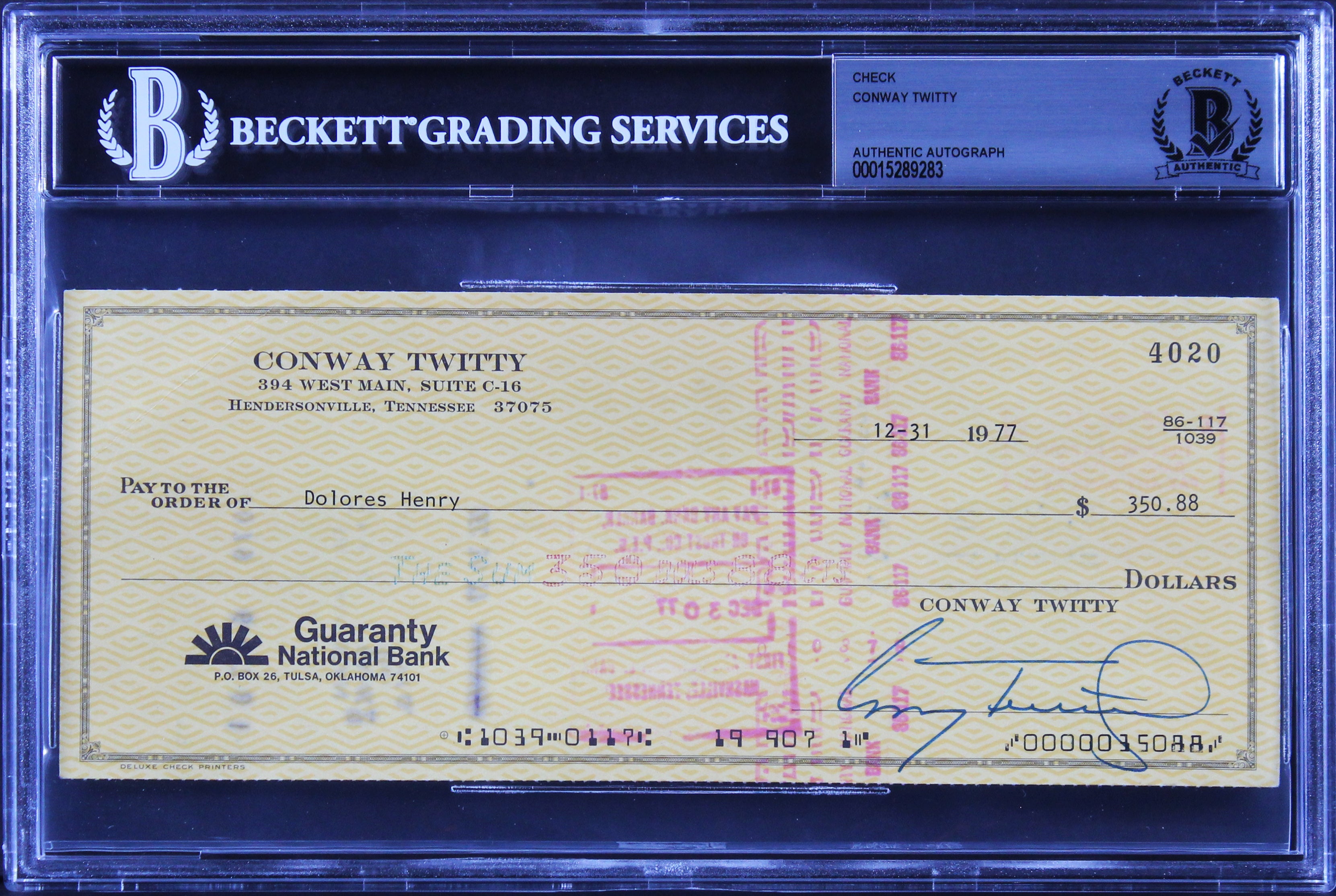 Conway Twitty Authentic Signed 3.5x8.25 1977 Personal Check BAS Slabbed