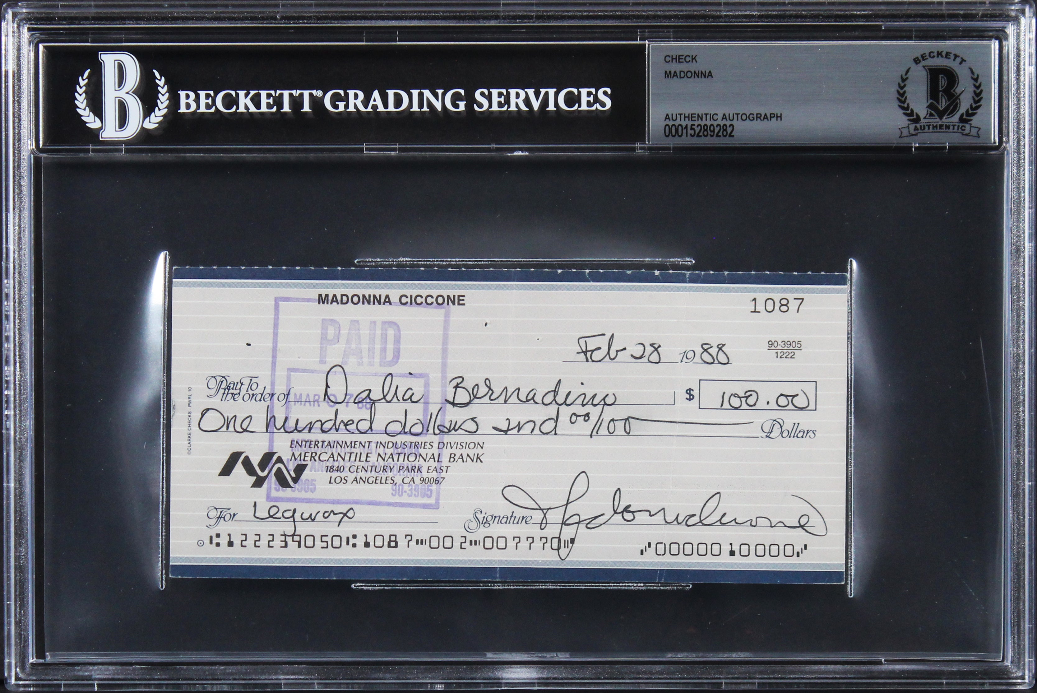 Madonna Authentic Signed 2.5x6 2/28/1988 Personal Check Autographed BAS Slabbed