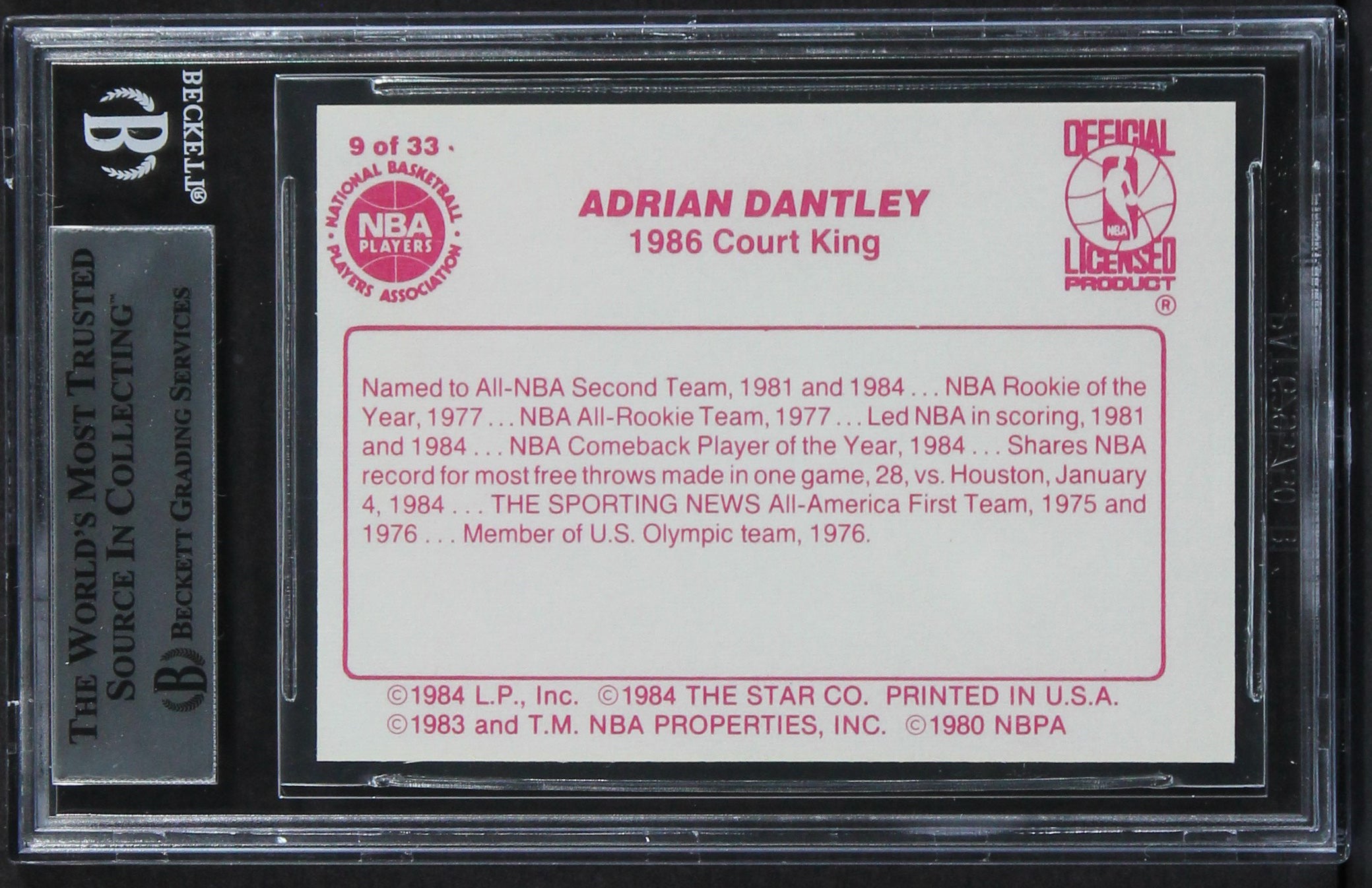 Jazz Adrian Dantley "2x Insc" Signed 1986 Star Court Kings #9 Card BAS Slabbed