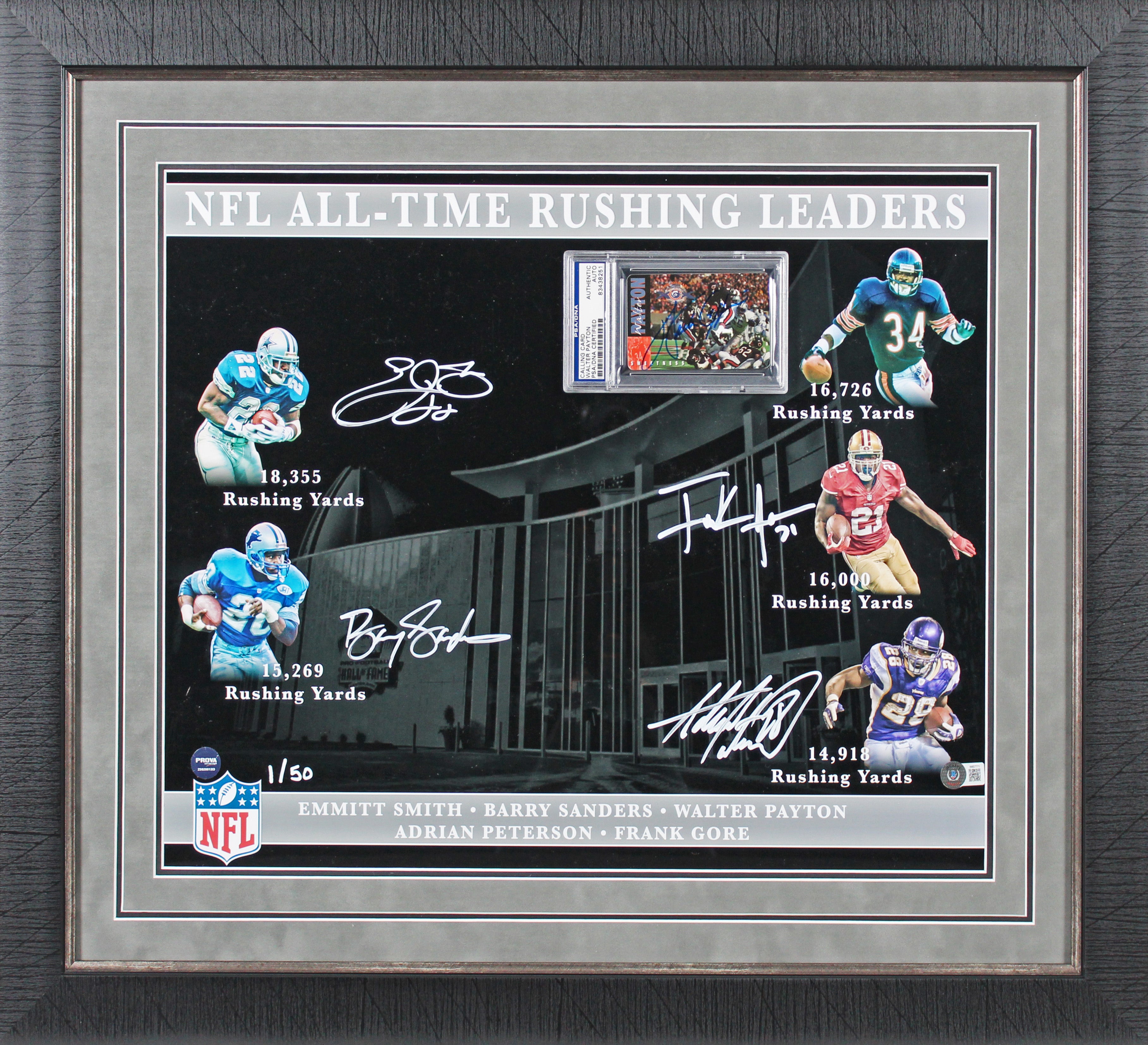 NFL Leading Rushers (5) Payton, Smith, Sanders, Gore Framed Display LE #1/50 BAS