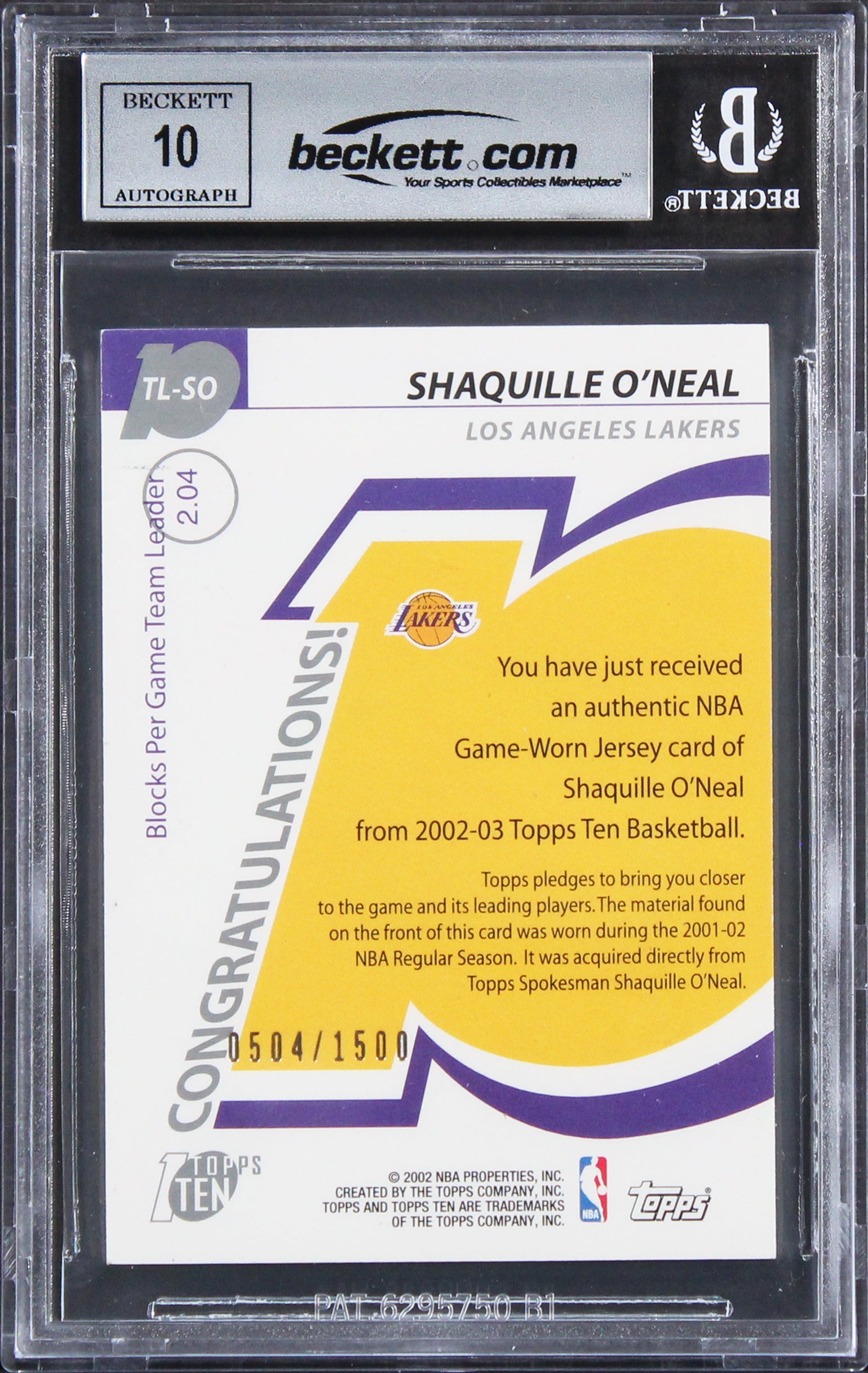 Shaquille O'Neal Signed 2002 Topps Relics #TLSO #504/1500 Card Auto 10! BAS Slab