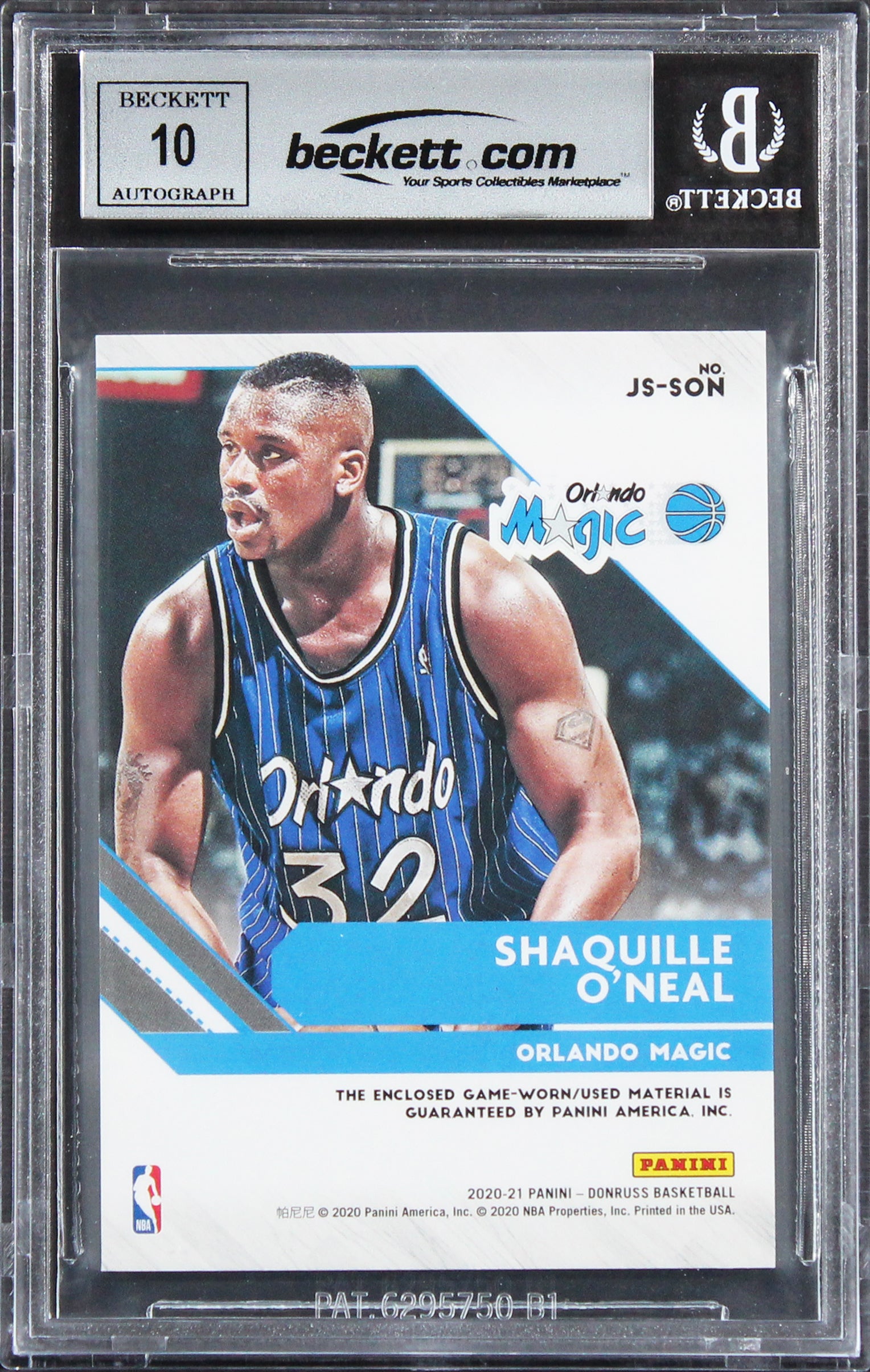 Magic Shaquille O'Neal Signed 2020 Donruss Jersey #98 Card Auto 10! BAS Slab 2