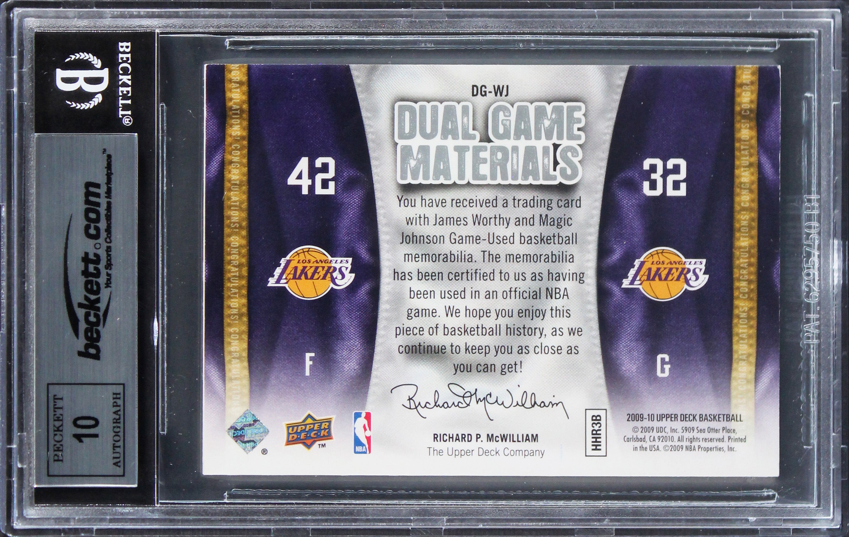 Magic Johnson & James Worthy Signed 2009 UD Game Mat DGWJ Card Auto 10 BAS Slab