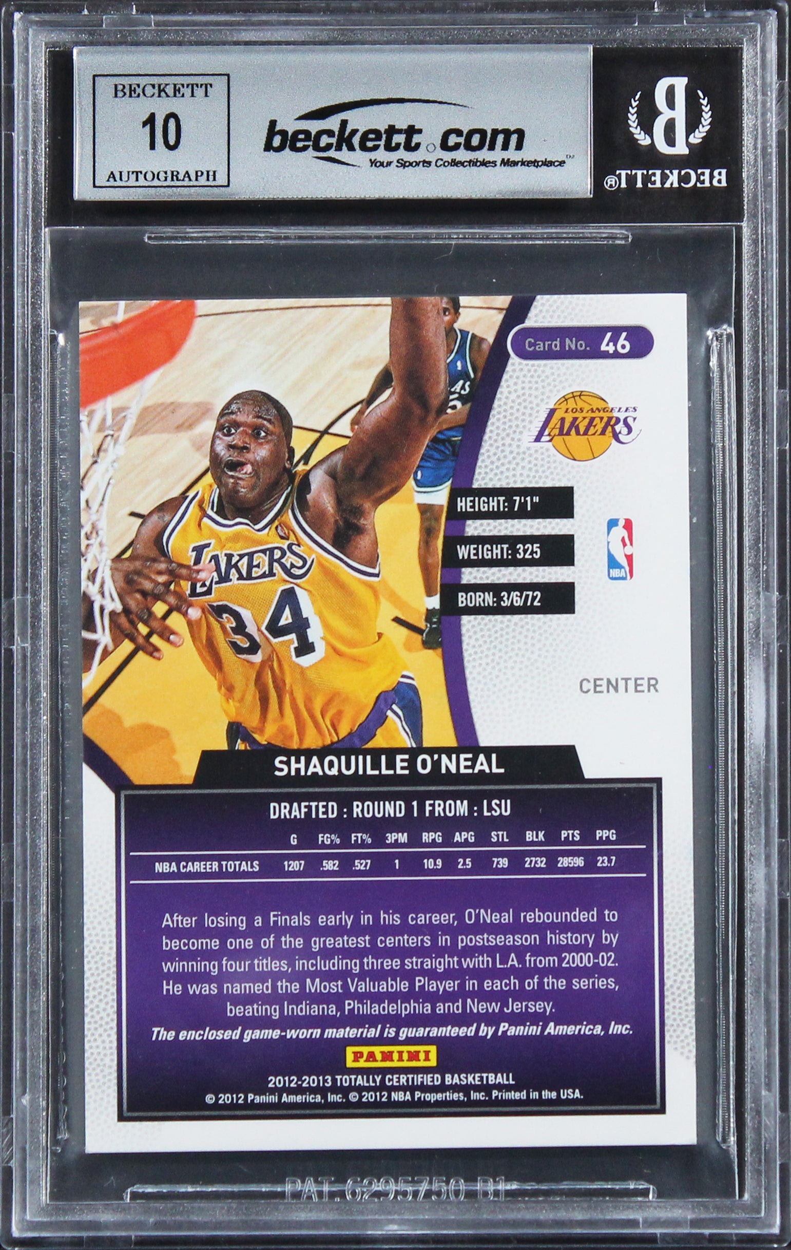 Shaquille O'Neal Signed 2012 Certified Blue Mat #46 66/90 Card Auto 10! BAS Slab