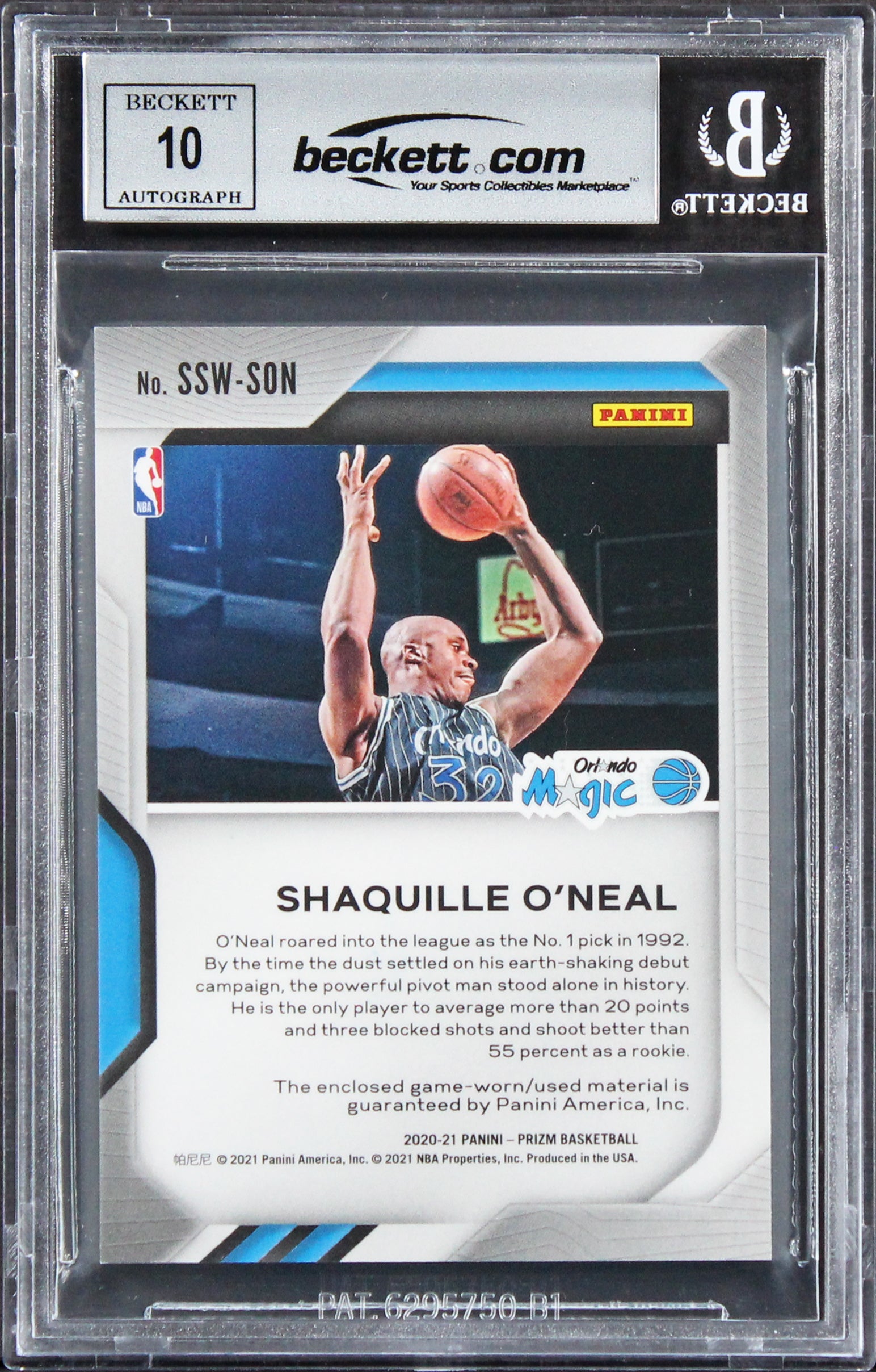 Shaquille O'Neal Signed 2020 Panini Prizm Swatches #14 Card Auto 10! BAS Slabbed