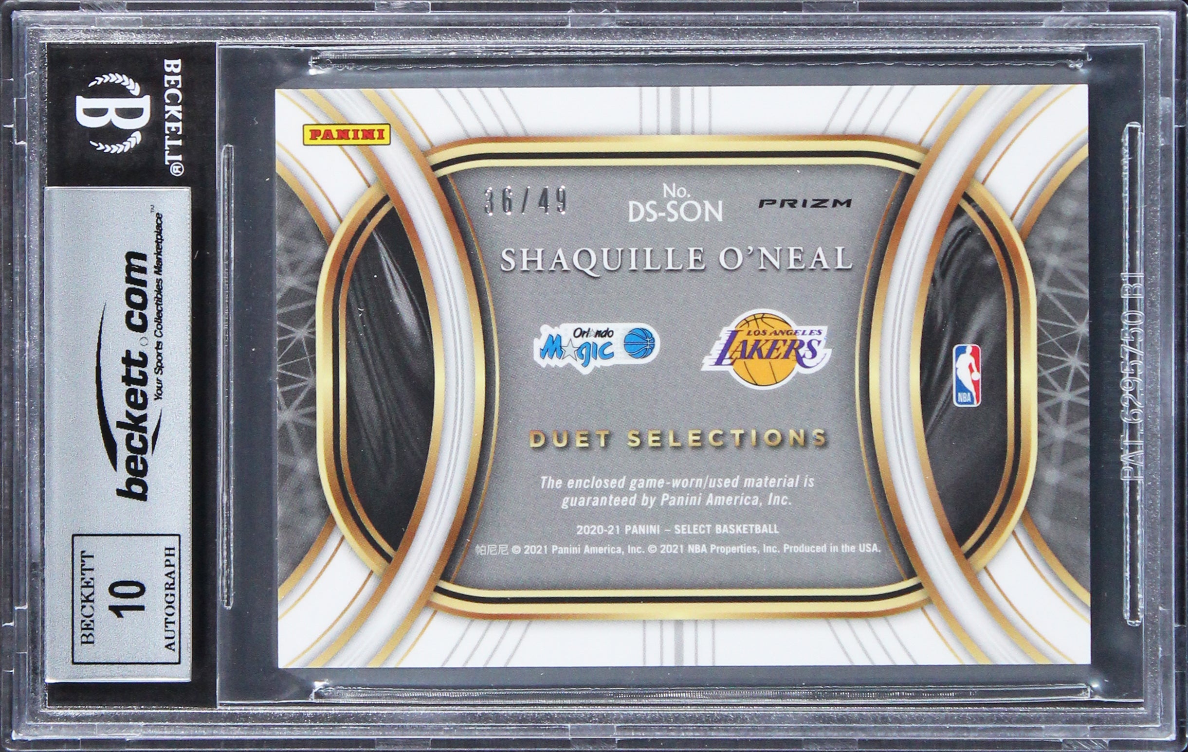 Shaquille O'Neal Signed 2020 Select Duet Copper #18 36/49 Card Auto 10 BAS Slab