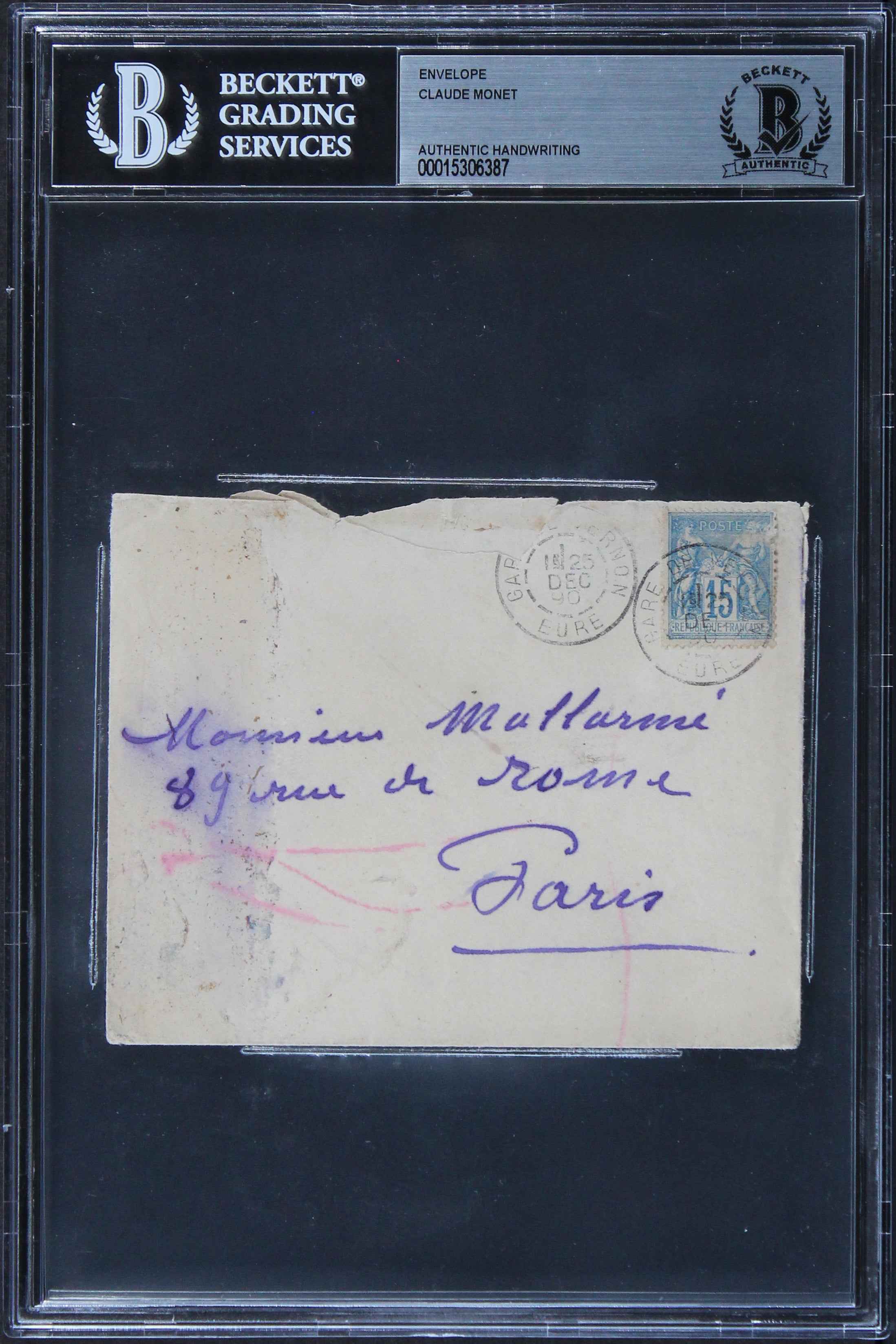 Claude Monet Authentic Signed Envelope 3.75x4.75 Handwriting Sample BAS Slabbed