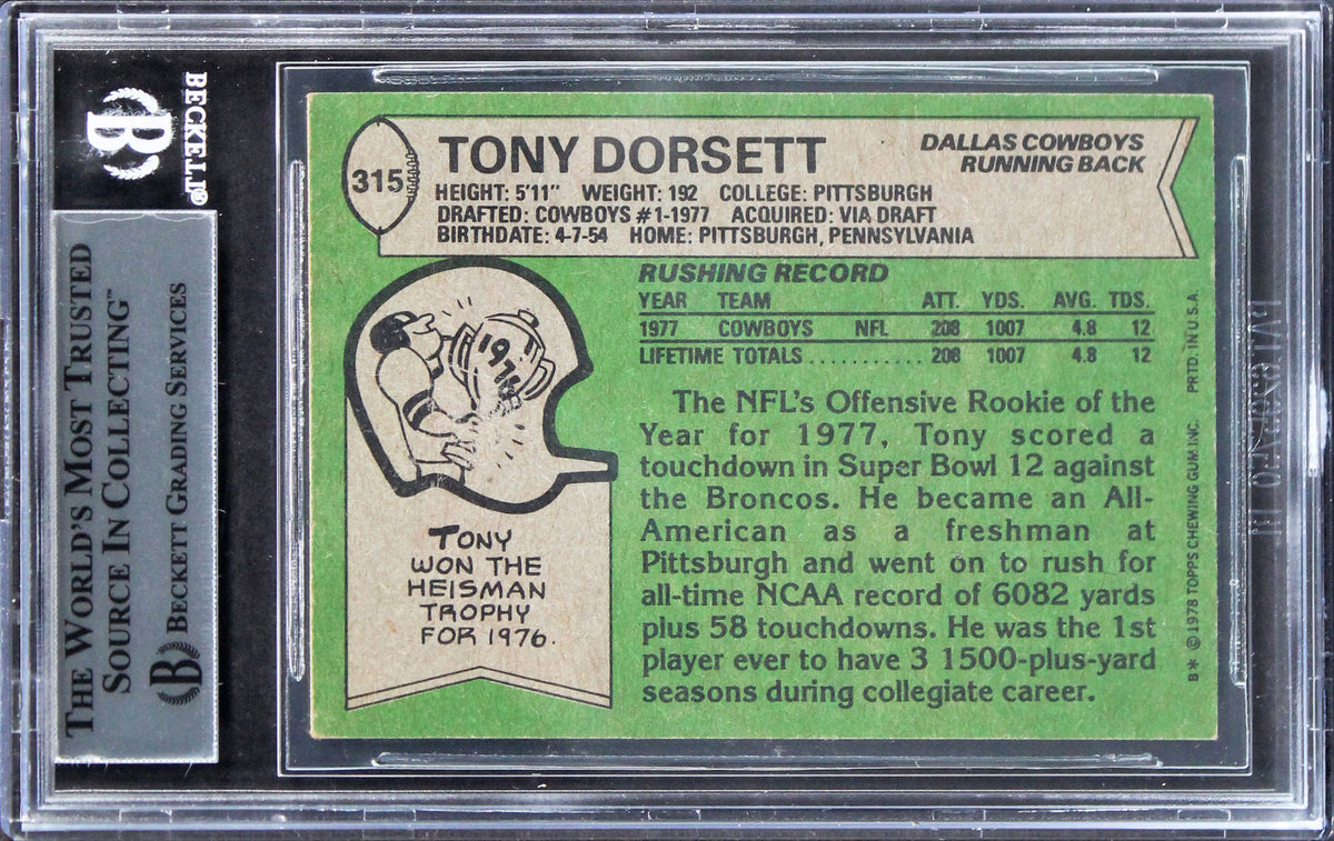 Cowboys Tony Dorsett "ROY 77, HOF 94" Signed 1978 Topps #315 RC Card BAS Slab 9