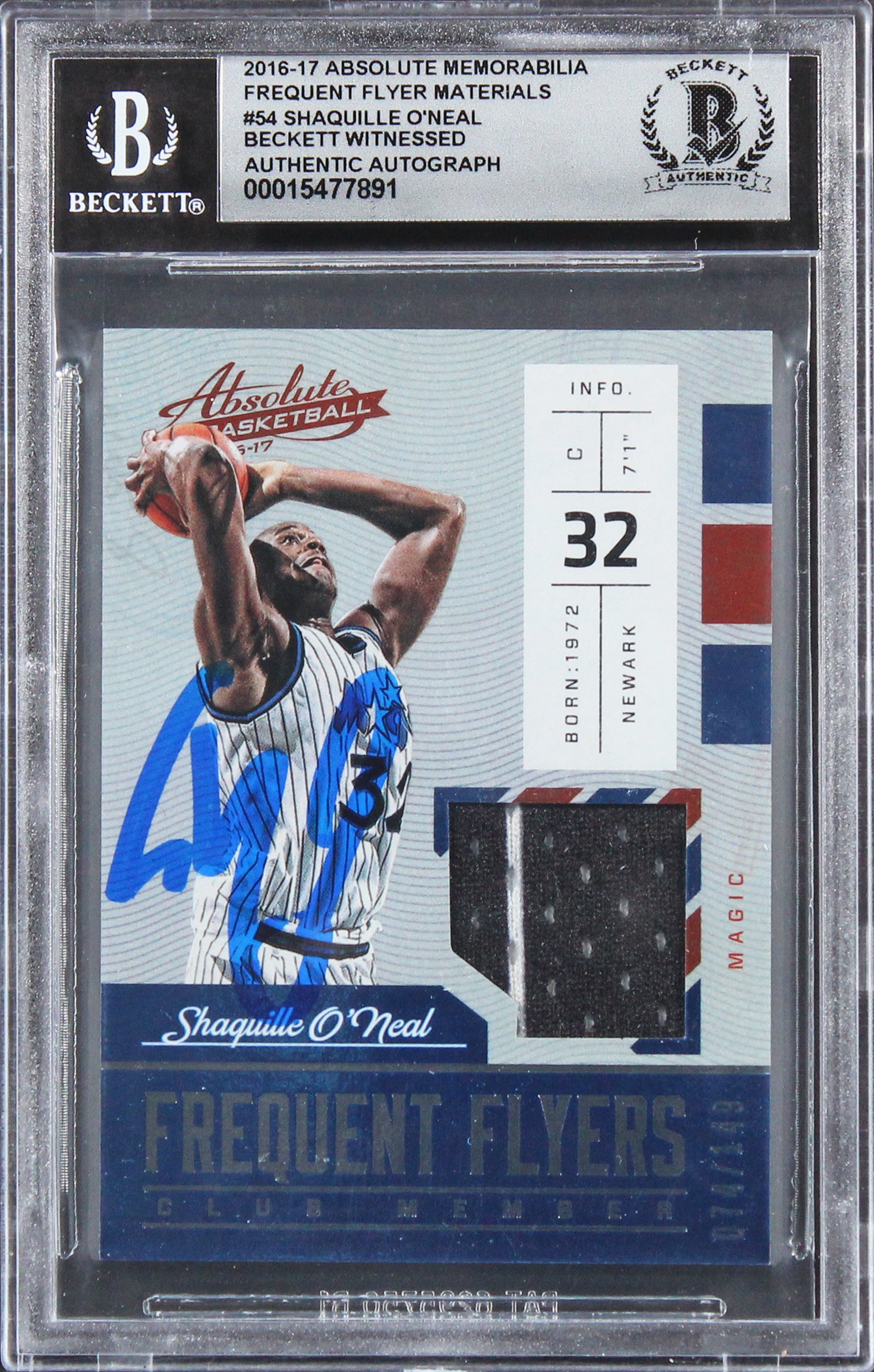 Shaquille O'Neal Signed 2016 Absolute Mem FF Mat #54 Card Auto 10! BAS Slabbed