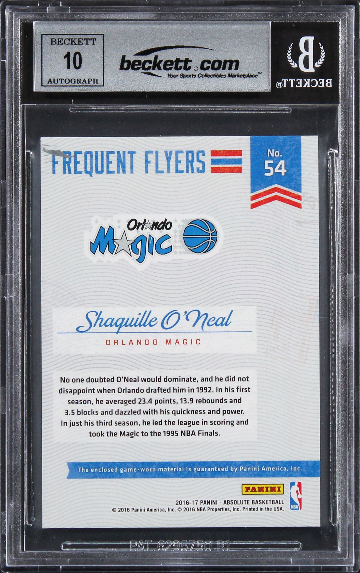 Shaquille O'Neal Signed 2016 Absolute Mem FF Mat #54 Card Auto 10! BAS Slabbed