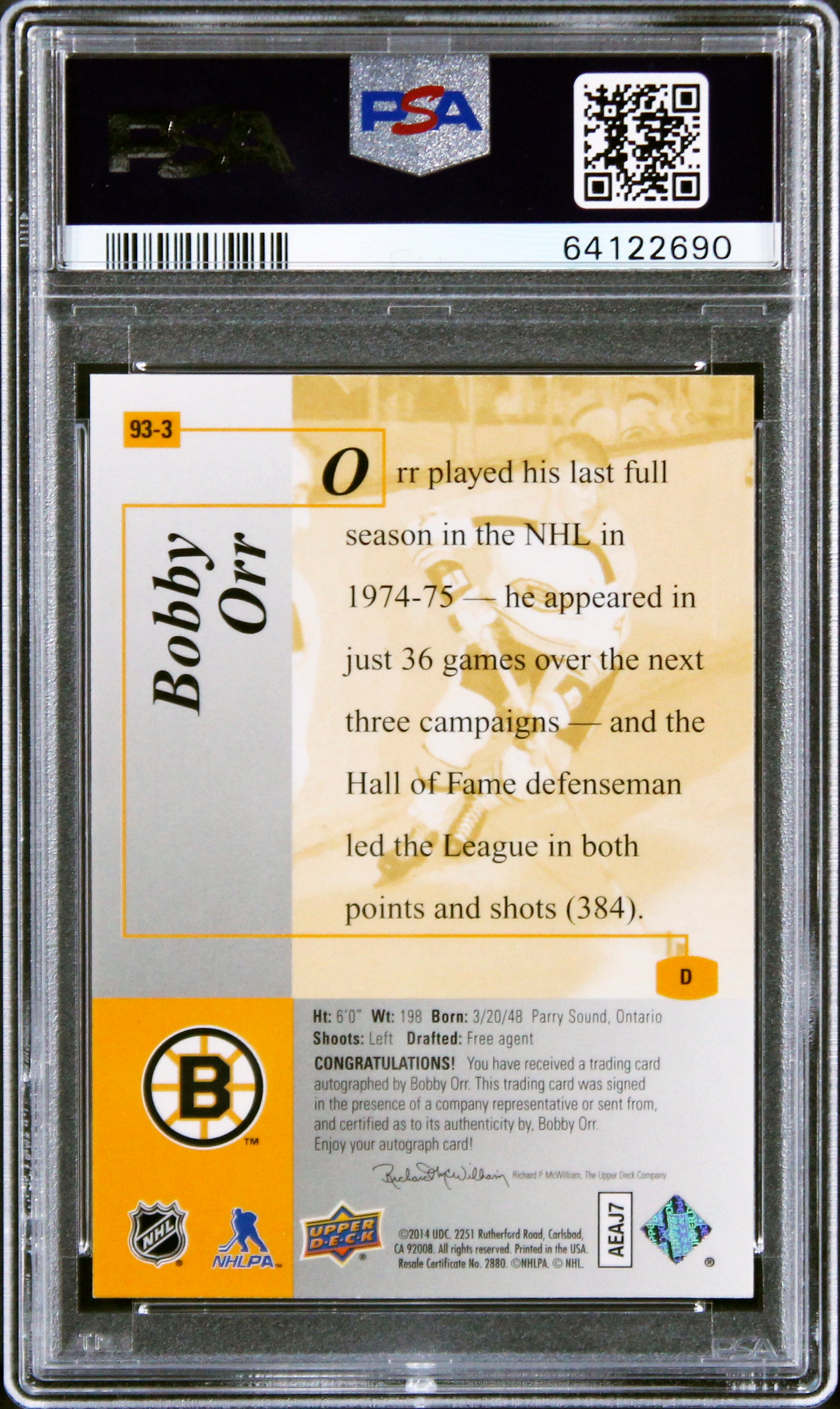 Bobby Orr Signed 2013 SP Authentic #93-3 Card Grade 9 Auto 10 PSA Slab POP 1!