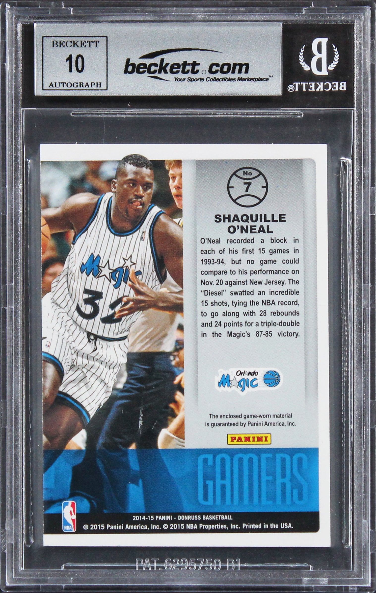 Shaquille O'Neal Signed 2014 Donruss Gamers Jerseys #7 Card Auto 10! BAS Slabbed