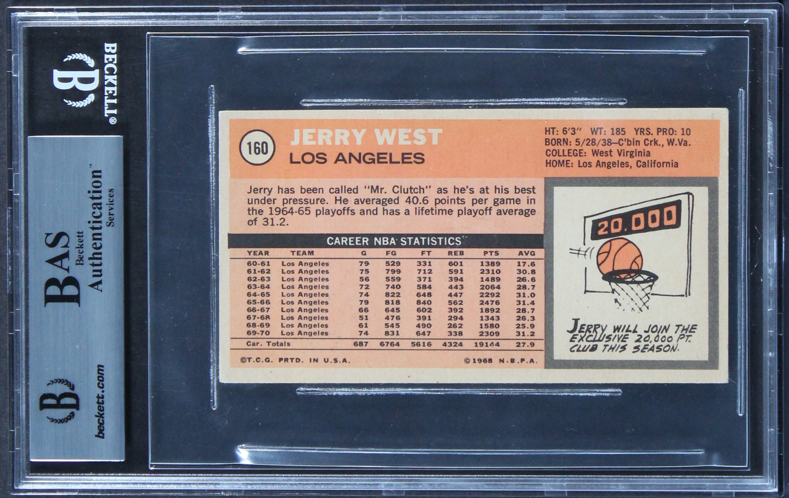 Lakers Jerry West HOF 1980-2010 Authentic Signed 1970 Topps #160 Card BAS Slab