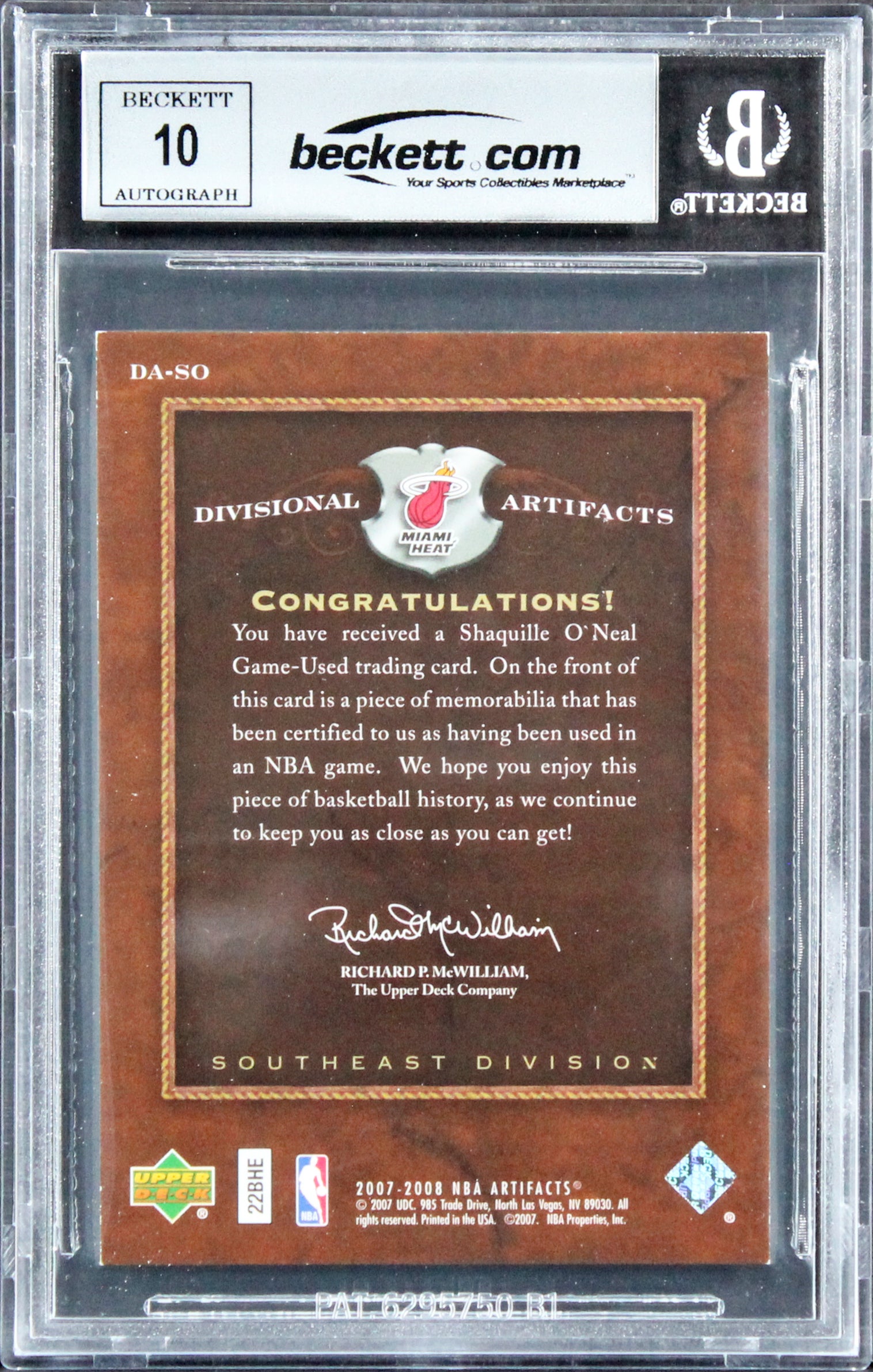 Shaquille O'Neal Signed 2007 Div Artifacts #DASO 08/250 Card Auto10! BAS Slabbed