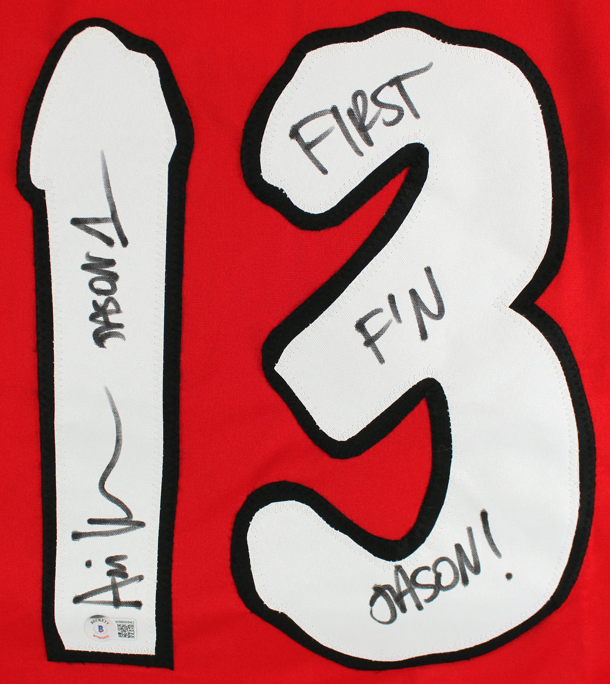 Ari Lehman First F'N Jason Signed Red Jason Voorhees Hockey Jersey BAS #WM00842